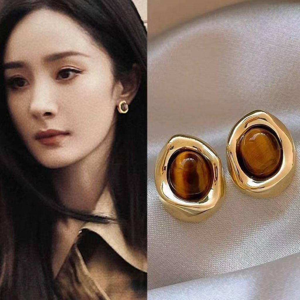 Gold Oval Coffee Bean Earrings with Brown Stone