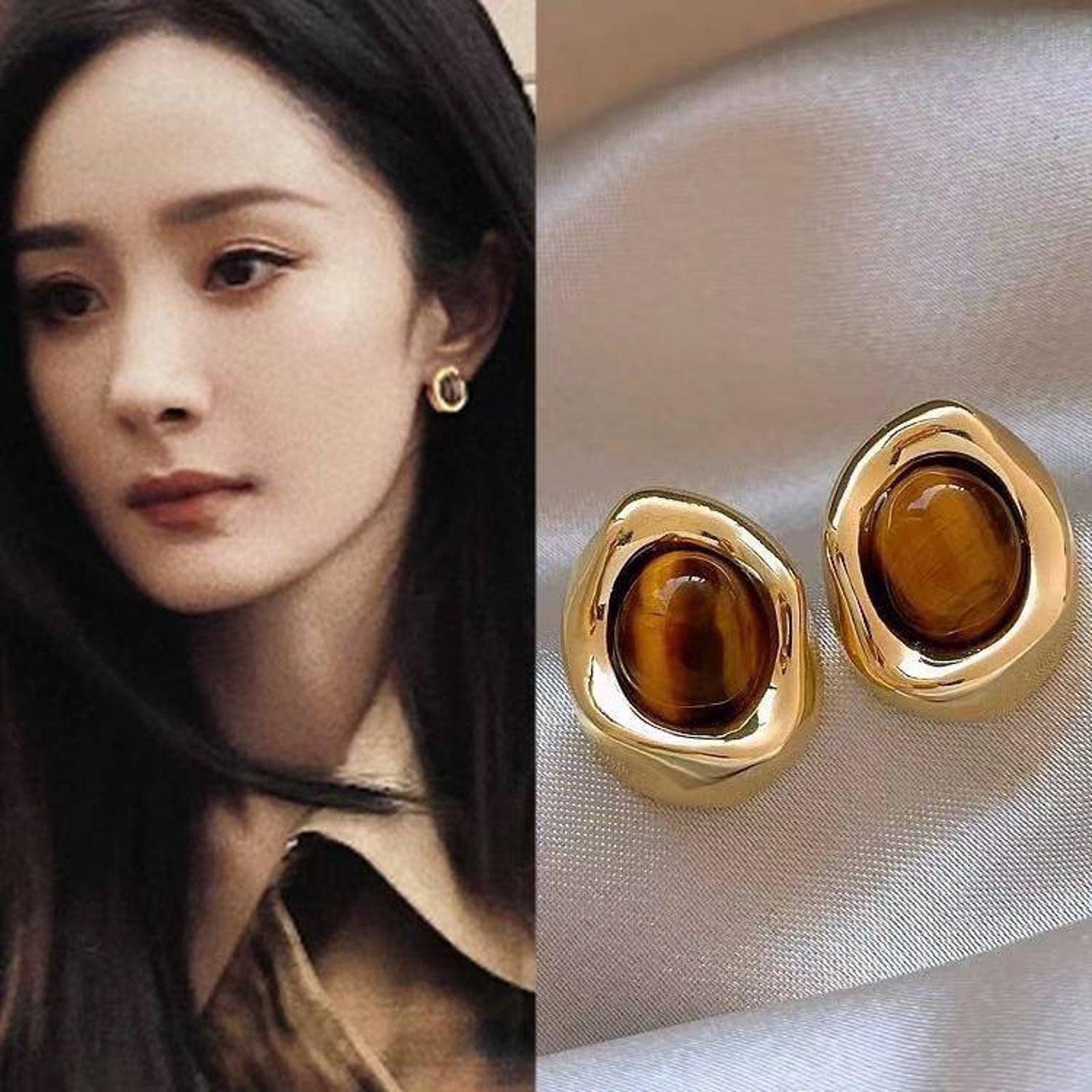 Gold Oval Coffee Bean Earrings with Brown Stone