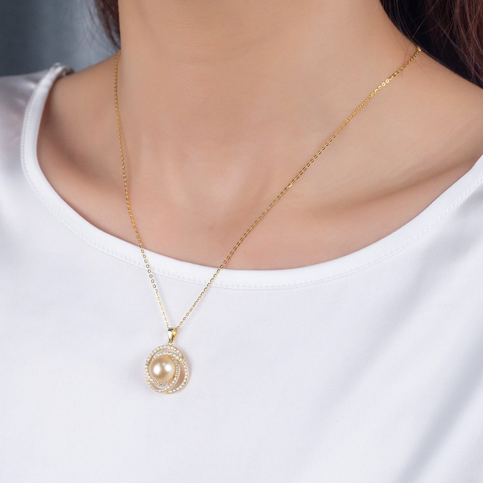 Gold Plated Pearl Pendant Necklace for Women | Crystal Studded Round Imitation Jewellery Chain