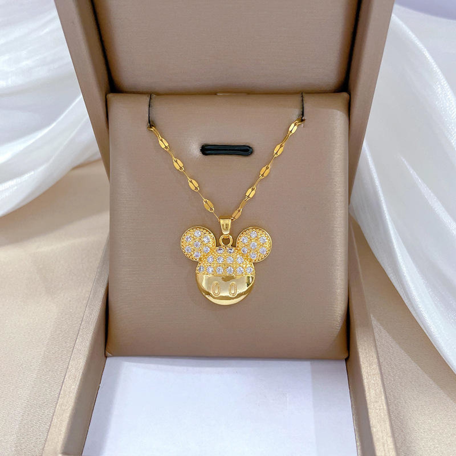 Gold Plated Mickey Style Pendant Necklace for Women | Crystal Studded Cute Imitation Jewellery Chain