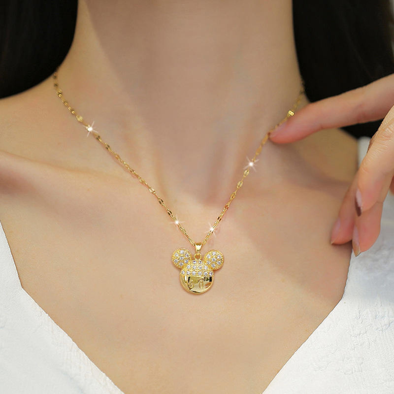Gold Plated Mickey Style Pendant Necklace for Women | Crystal Studded Cute Imitation Jewellery Chain