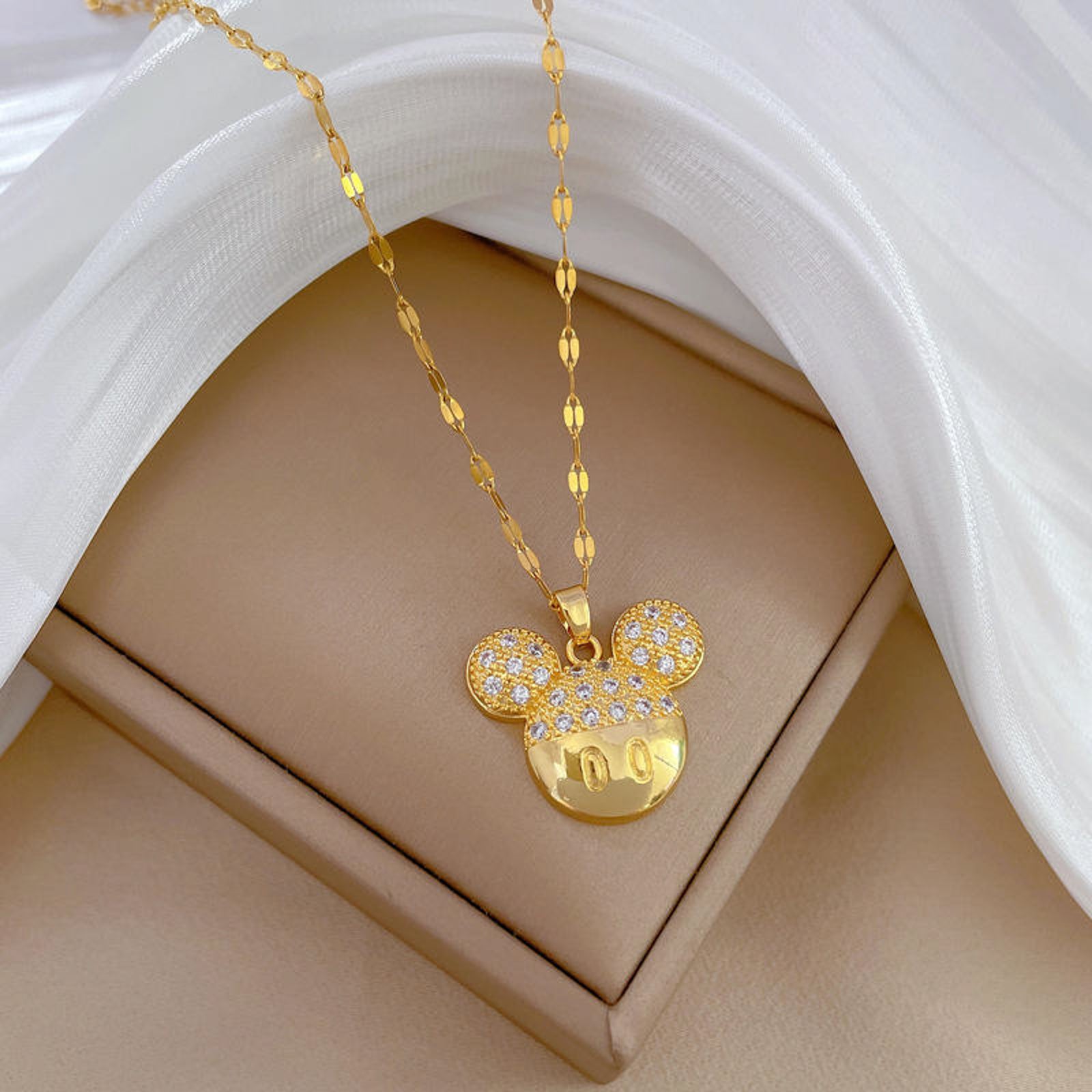 Gold Plated Mickey Style Pendant Necklace for Women | Crystal Studded Cute Imitation Jewellery Chain
