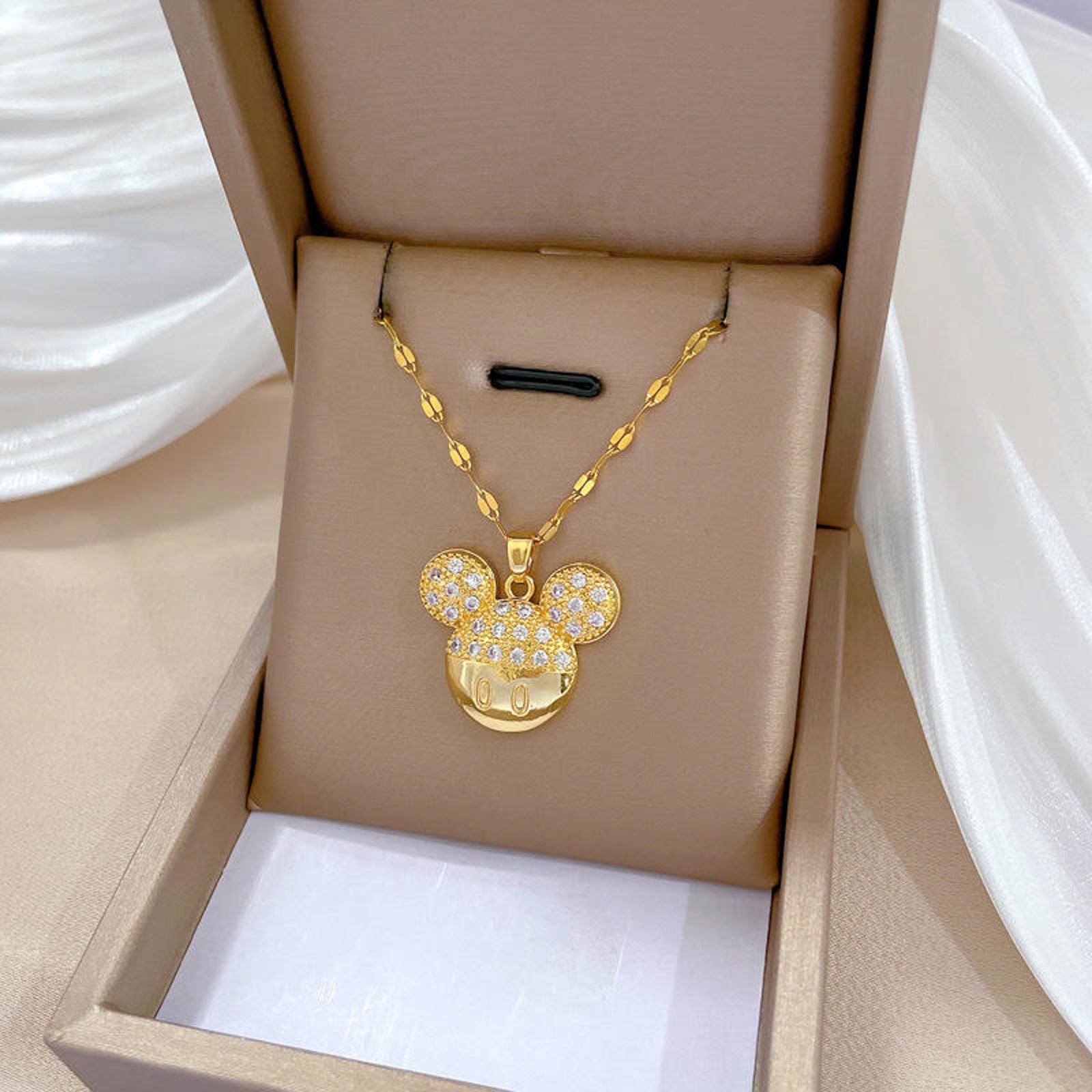 Gold Plated Mickey Style Pendant Necklace for Women | Crystal Studded Cute Imitation Jewellery Chain