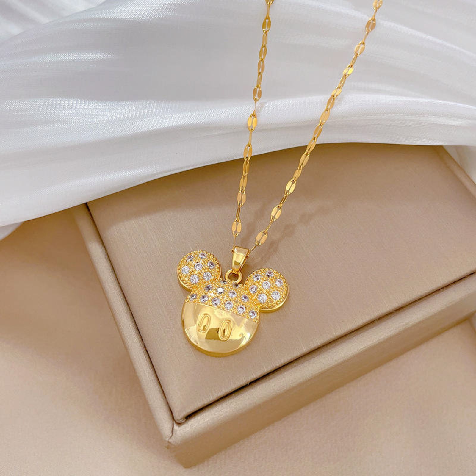 Gold Plated Mickey Style Pendant Necklace for Women | Crystal Studded Cute Imitation Jewellery Chain