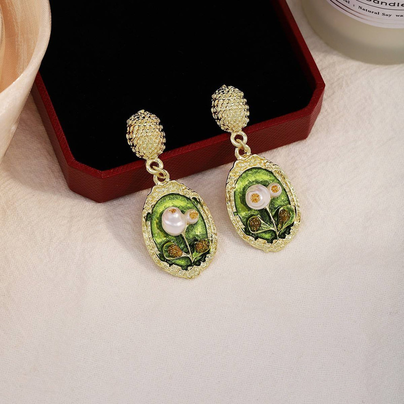 Vintage Floral Gold Earrings with Pearls and Green Enamel Detailing
