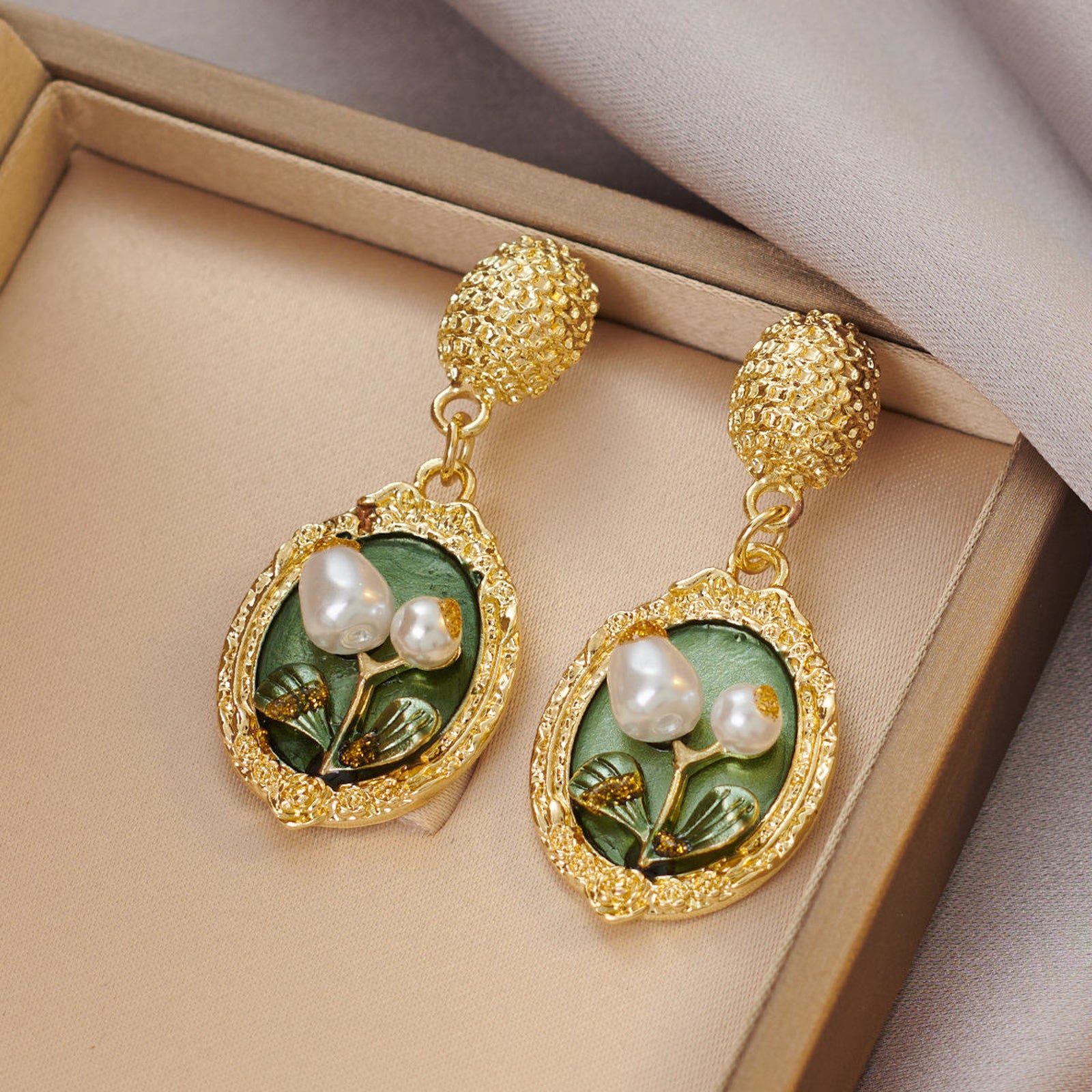 Vintage Floral Gold Earrings with Pearls and Green Enamel Detailing