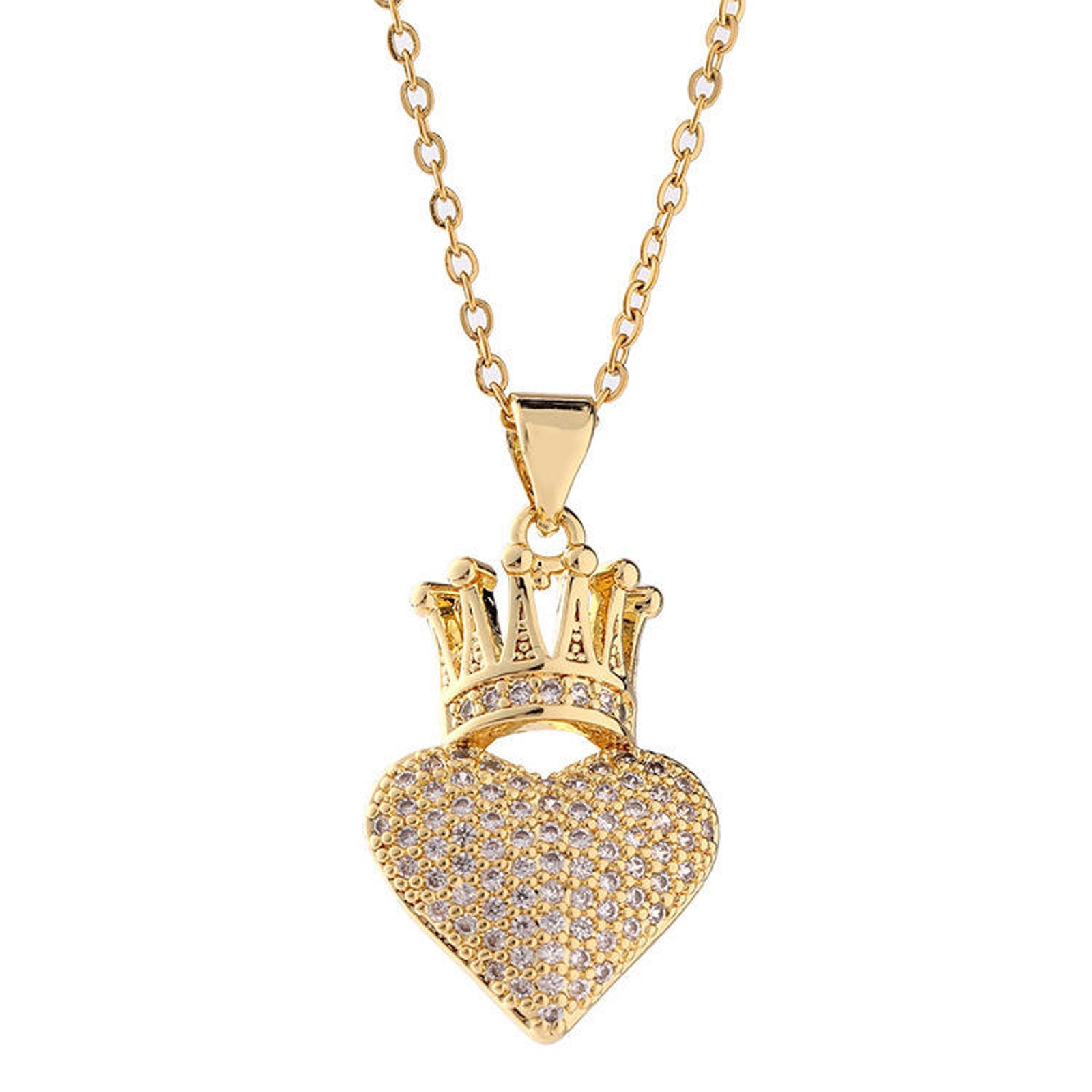 Gold Plated Crown Heart Pendant Necklace for Women | Crystal Studded Imitation Jewellery Chain