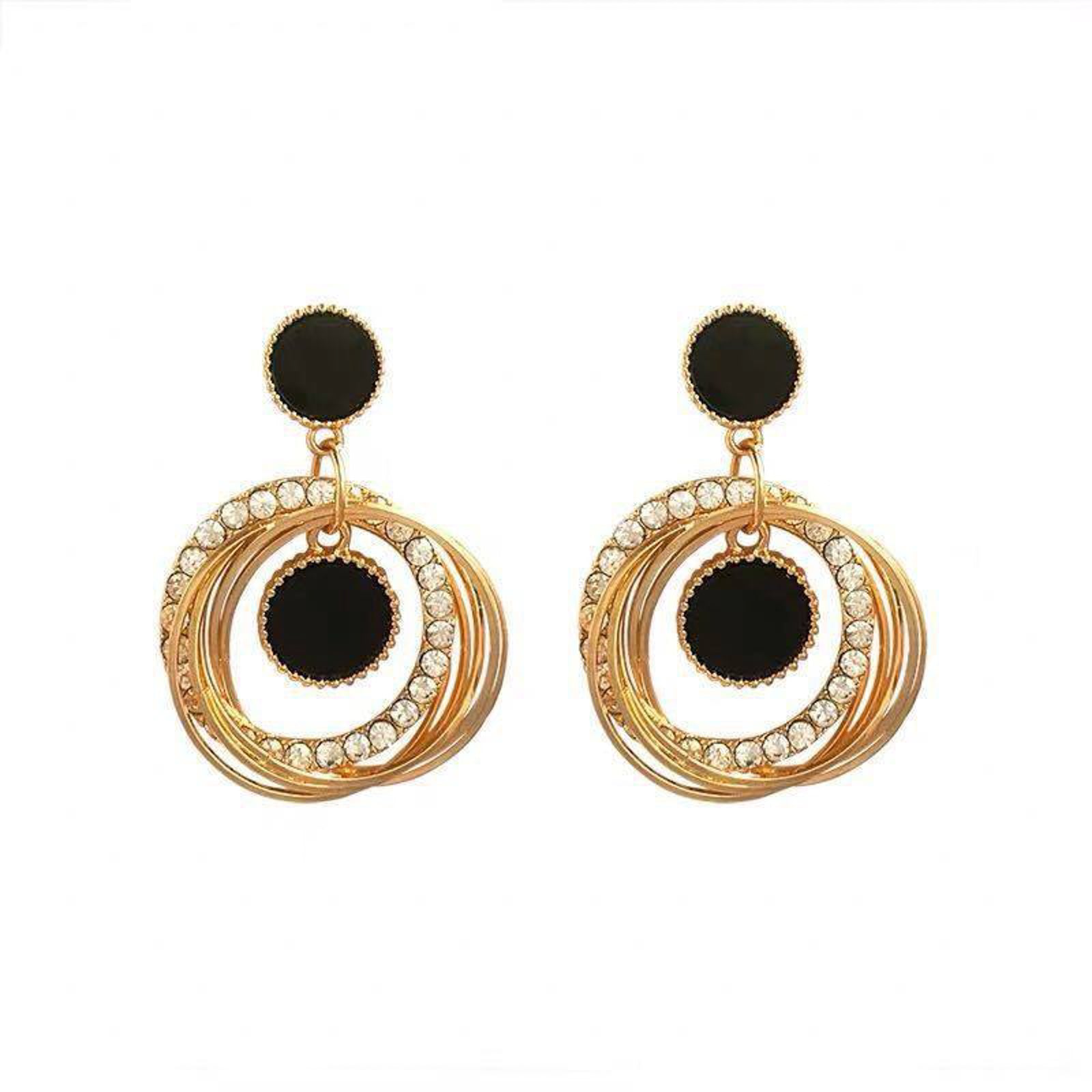 Black and Gold Circle Drop Earrings with Rhinestone Accent – Korean Design