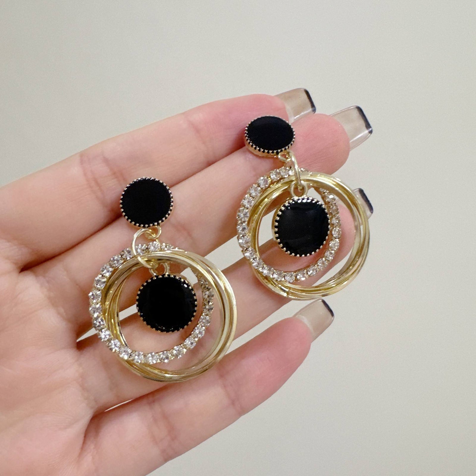 Black and Gold Circle Drop Earrings with Rhinestone Accent – Korean Design