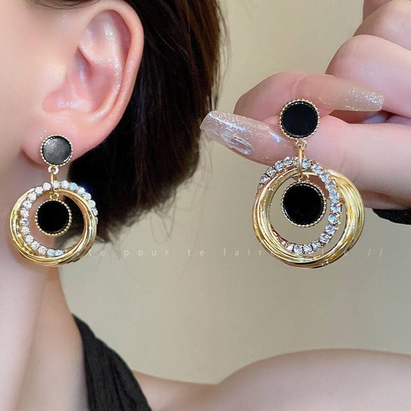 Black and Gold Circle Drop Earrings with Rhinestone Accent – Korean Design