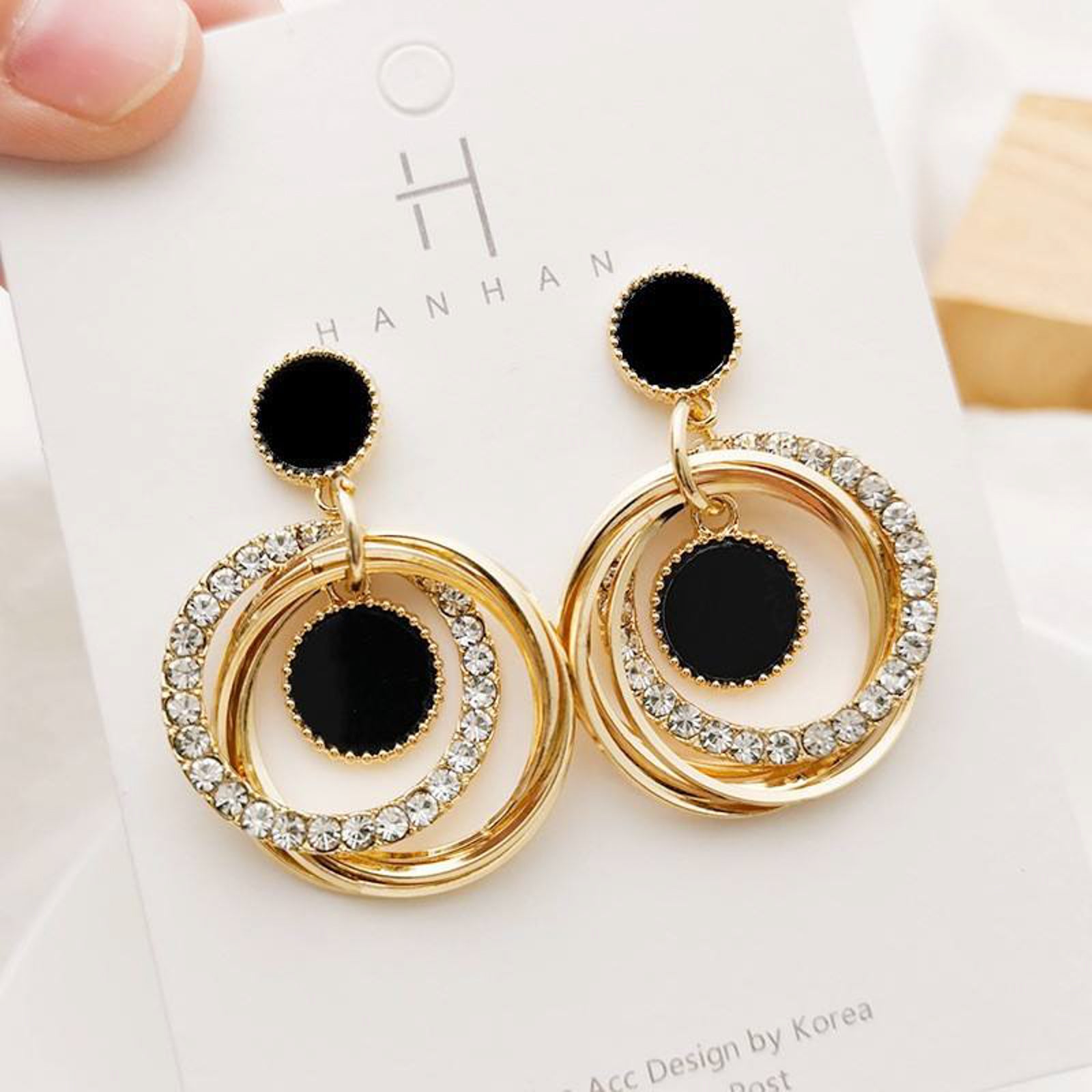 Black and Gold Circle Drop Earrings with Rhinestone Accent – Korean Design
