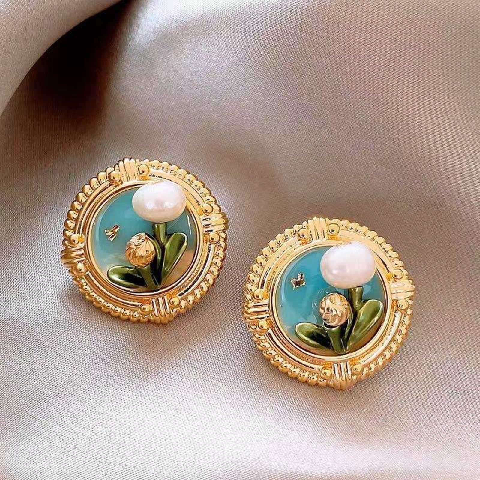 Gold Floral Frame Earrings with Pearl Bloom and Blue Enamel – Nature-Inspired Design