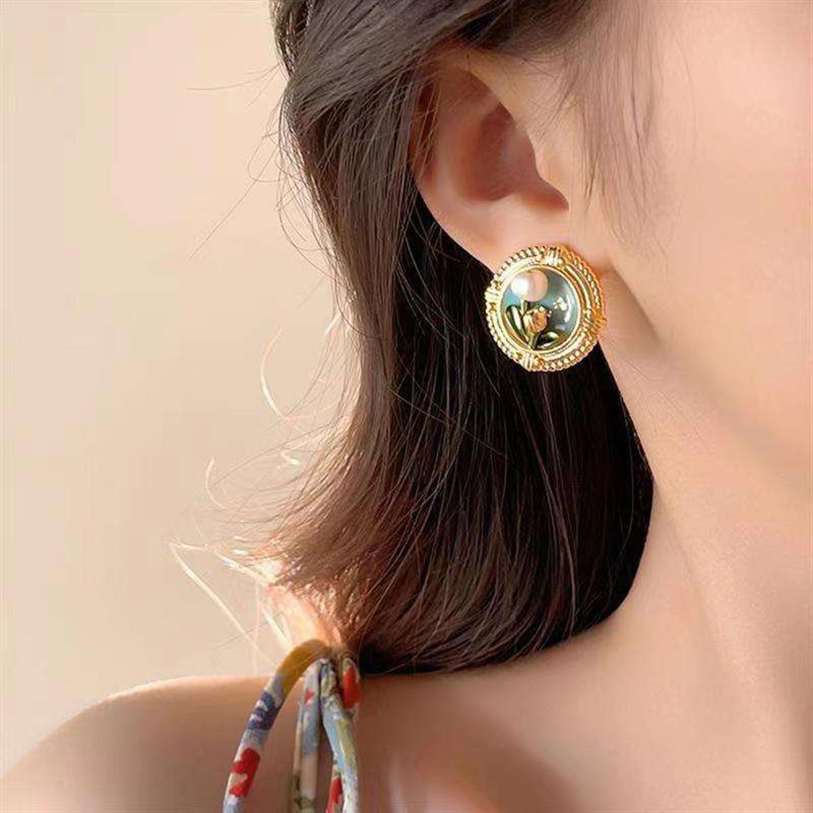 Gold Floral Frame Earrings with Pearl Bloom and Blue Enamel – Nature-Inspired Design