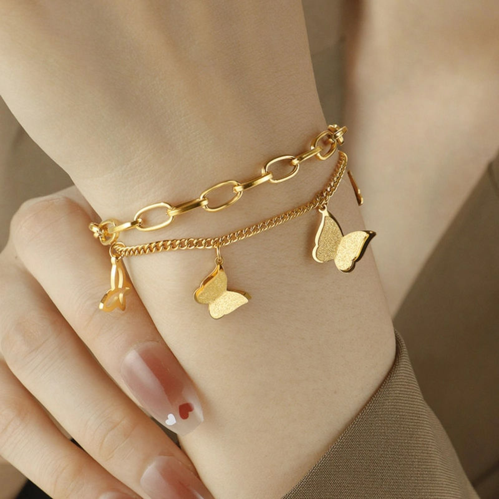 Gold Butterfly Charm Bracelet – Dainty Layered Chain Jewelry for Women