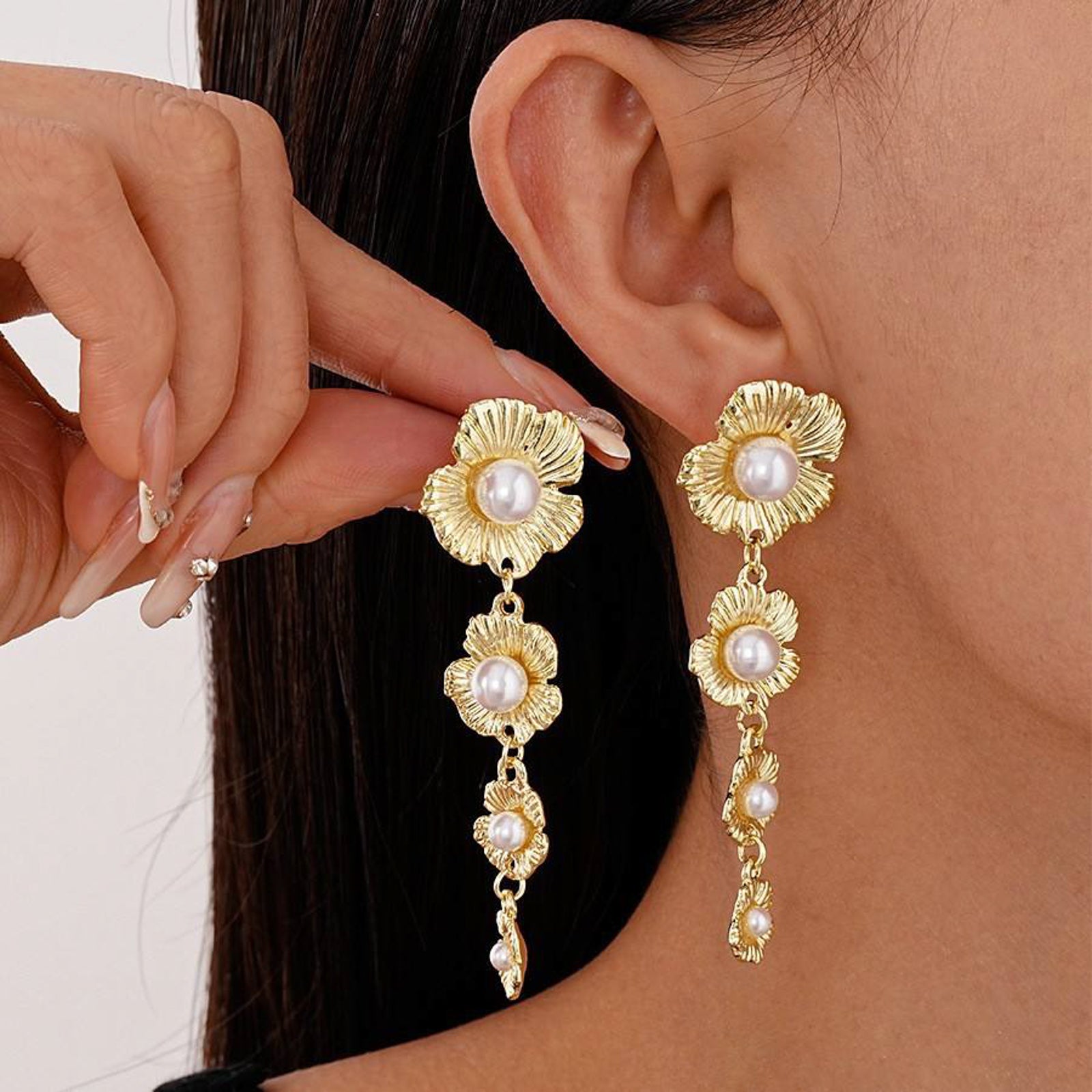 Gold Floral Drop Earrings with Cascading Pearl Accents – Elegant Statement Jewelry