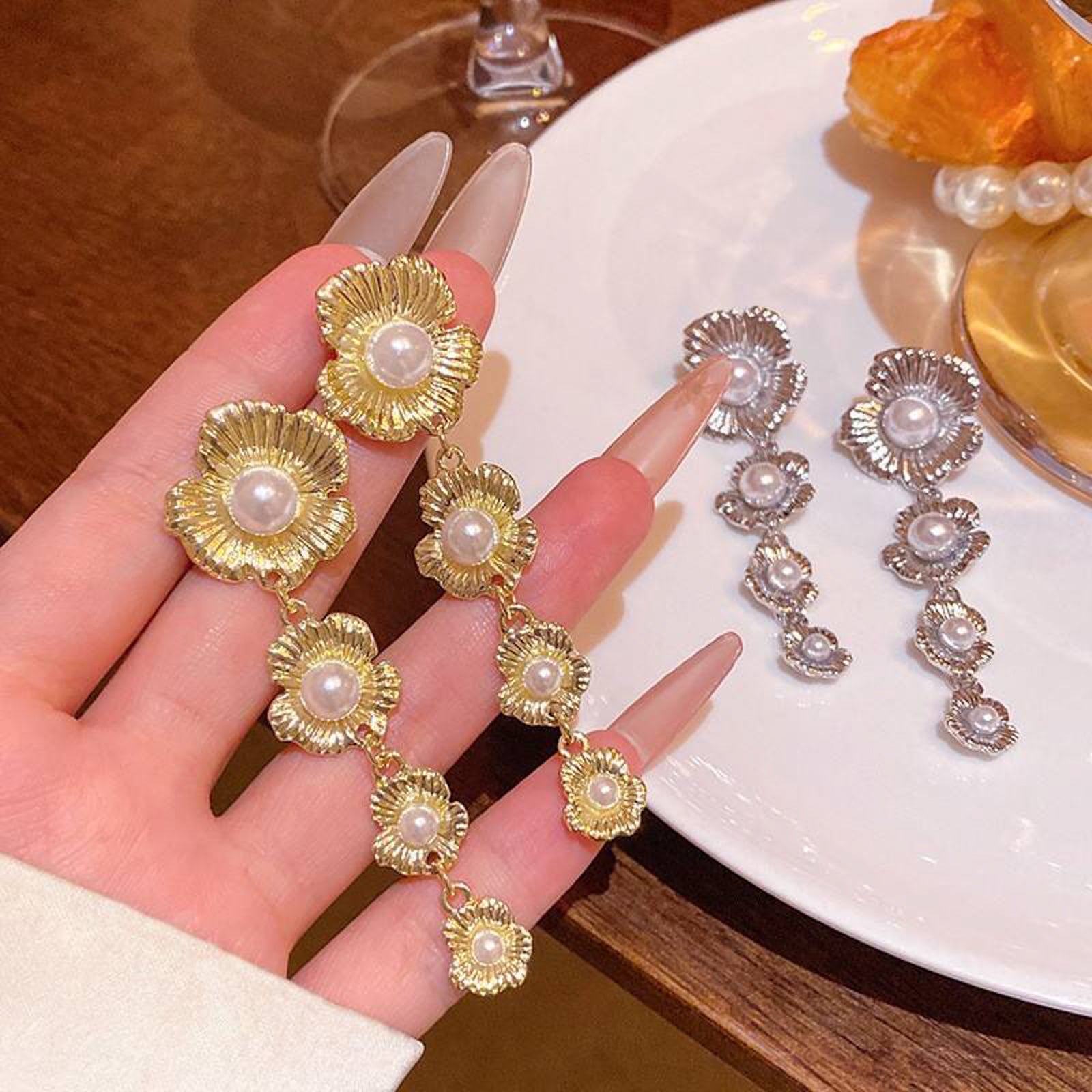 Gold Floral Drop Earrings with Cascading Pearl Accents – Elegant Statement Jewelry