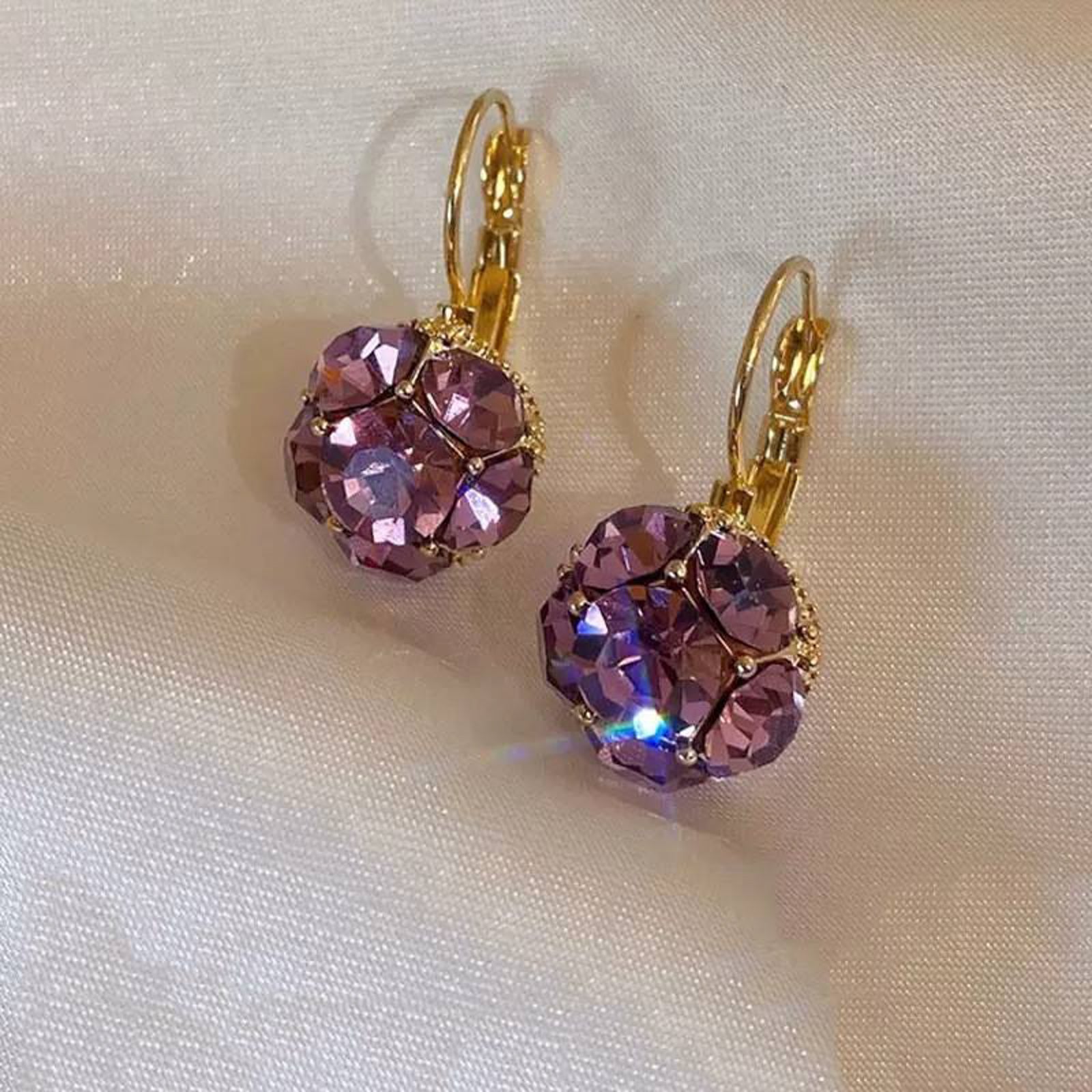 Purple Gemstone Floral Earrings with Gold Lever-Back Closure – Elegant Statement Jewelry