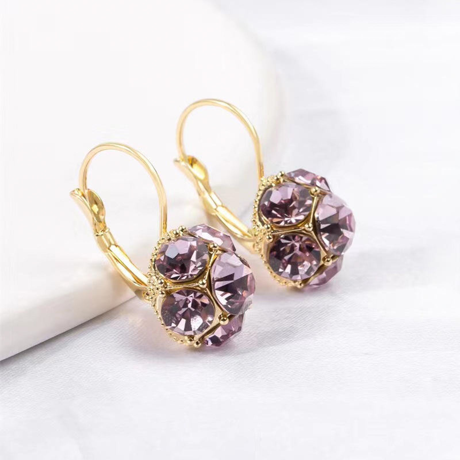 Purple Gemstone Floral Earrings with Gold Lever-Back Closure – Elegant Statement Jewelry