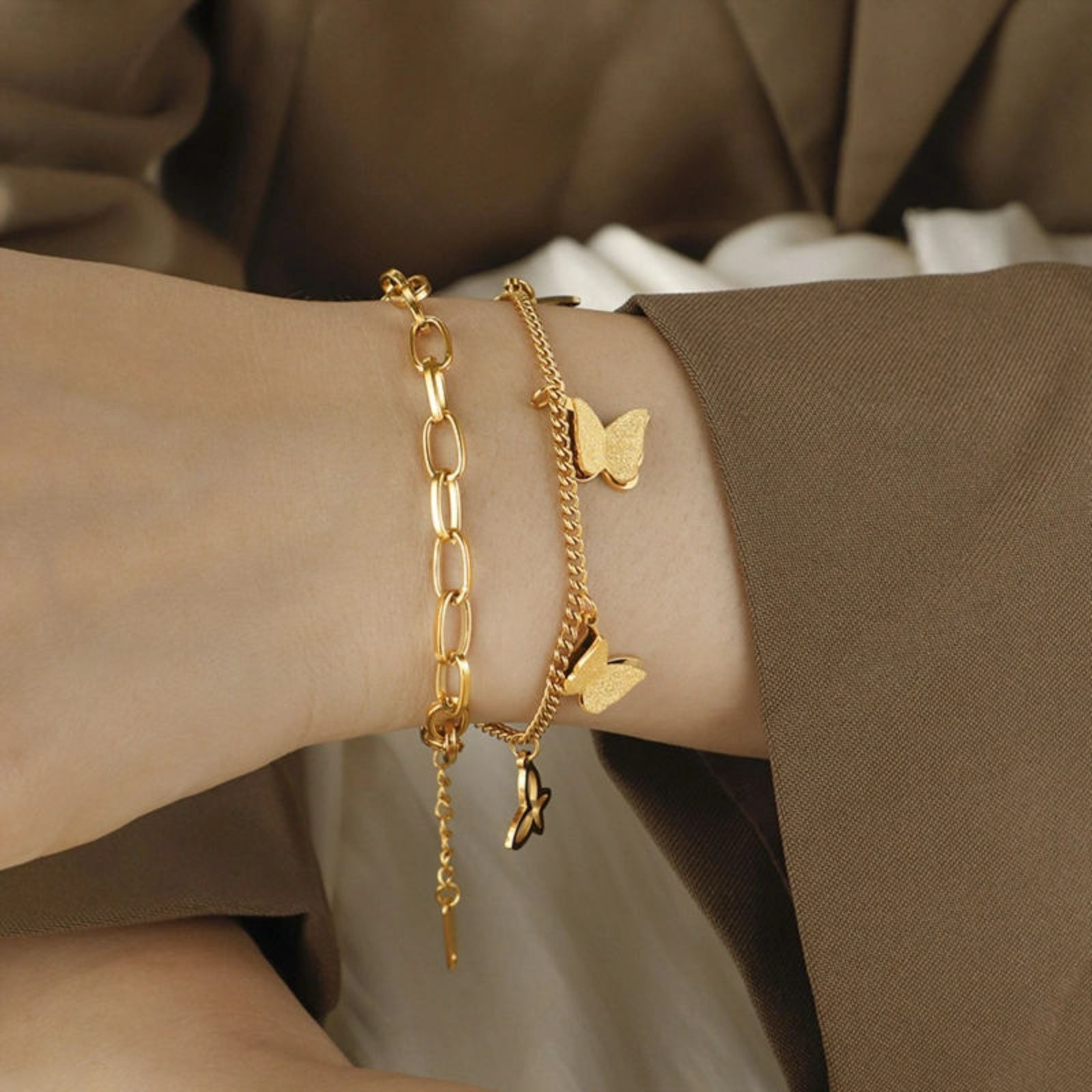 Gold Butterfly Charm Bracelet – Dainty Layered Chain Jewelry for Women