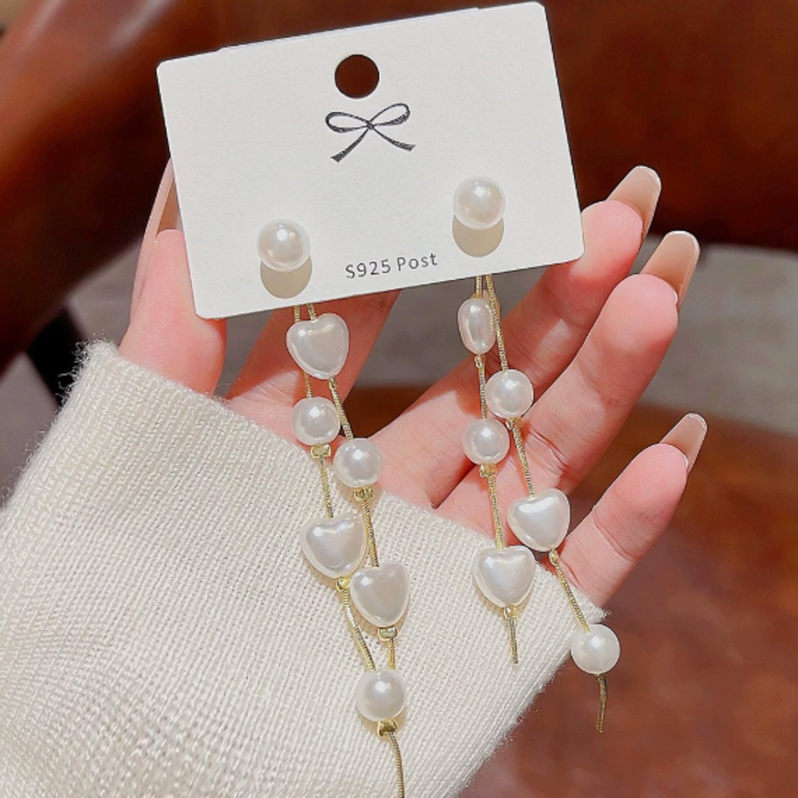 Gold Heart & Pearl Drop Earrings  – Romantic Korean-Inspired Design