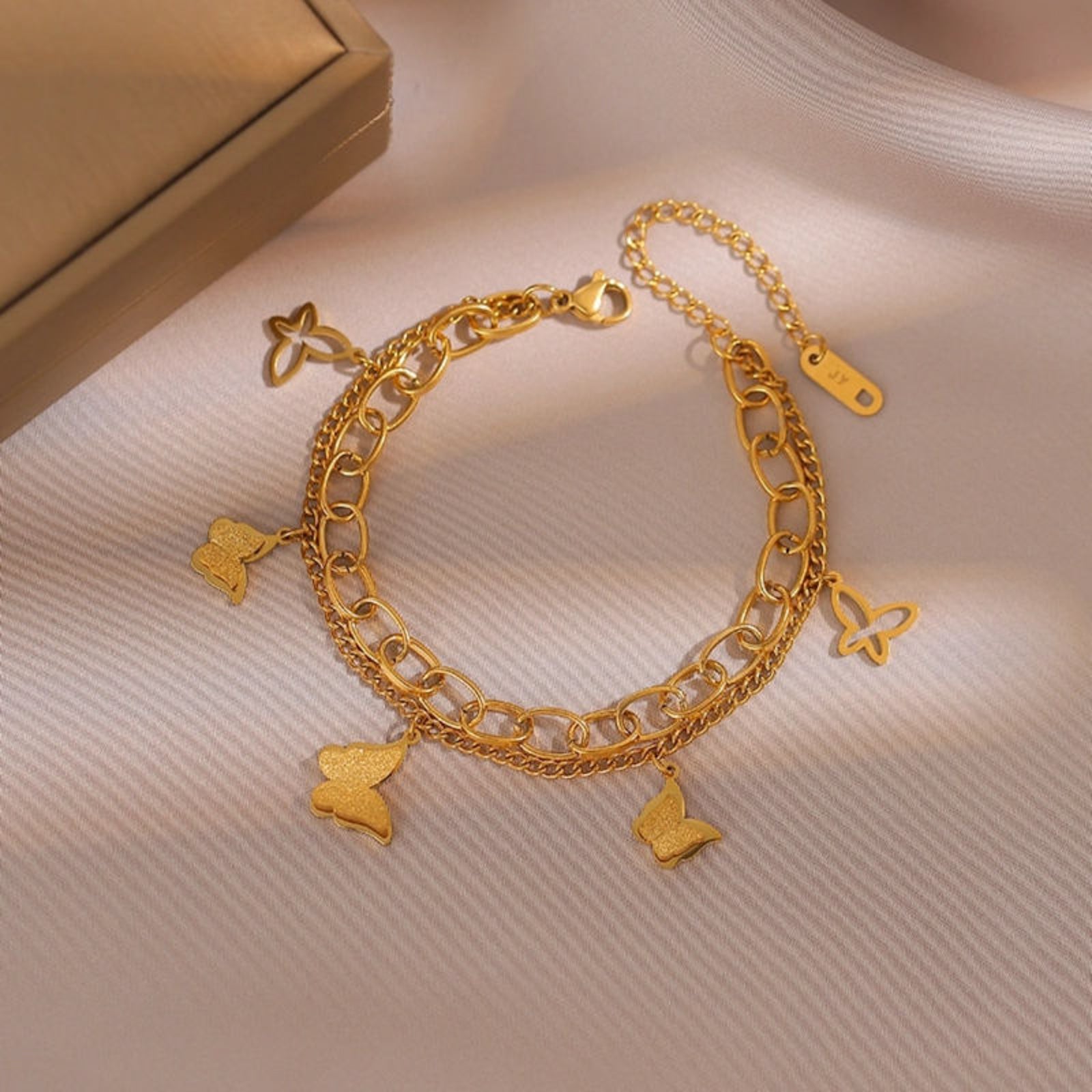 Gold Butterfly Charm Bracelet – Dainty Layered Chain Jewelry for Women