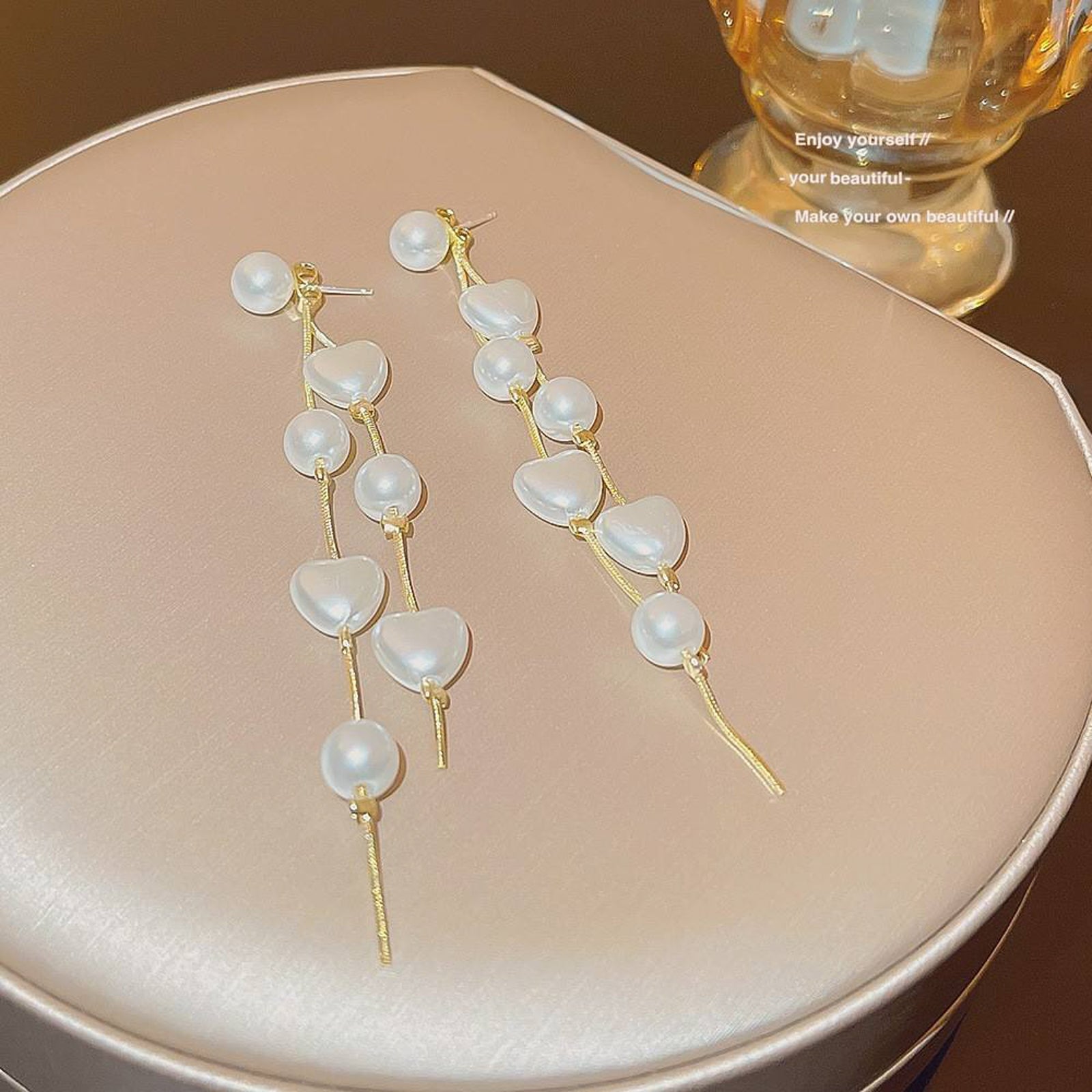 Gold Heart & Pearl Drop Earrings  – Romantic Korean-Inspired Design