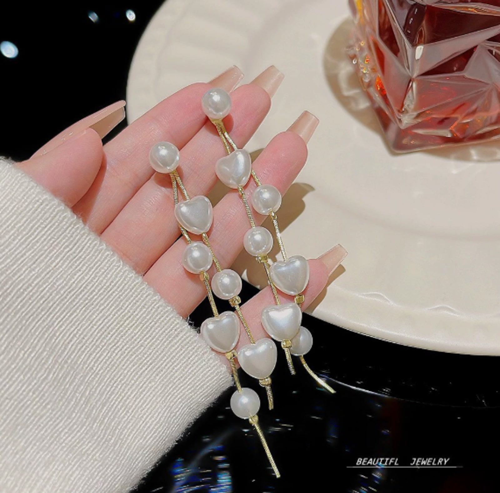 Gold Heart & Pearl Drop Earrings  – Romantic Korean-Inspired Design