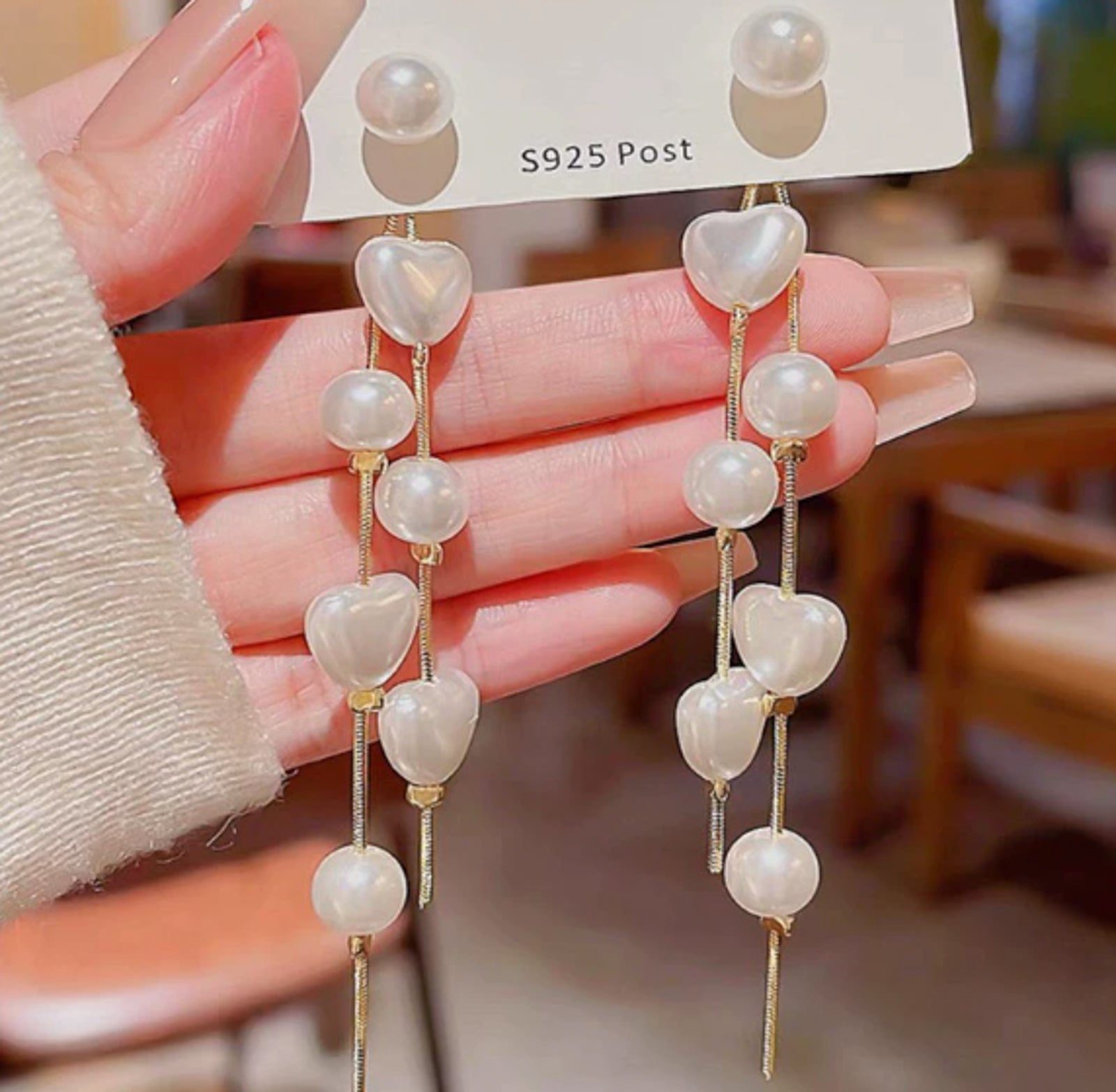 Gold Heart & Pearl Drop Earrings  – Romantic Korean-Inspired Design