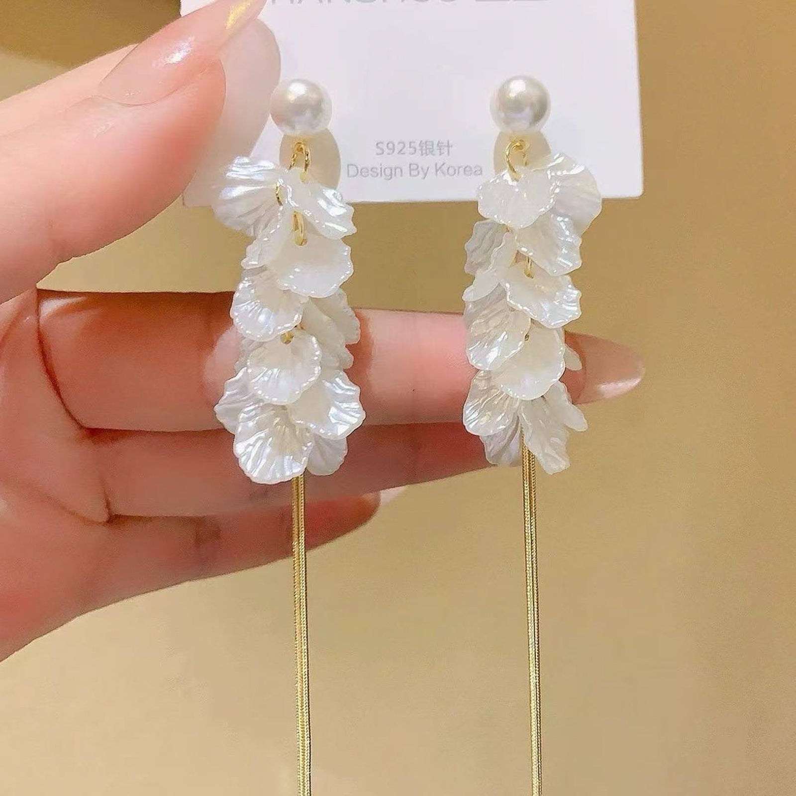 Pearl Floral Drop Earrings with Gold Chain – Elegant Bridal & Evening Jewelry