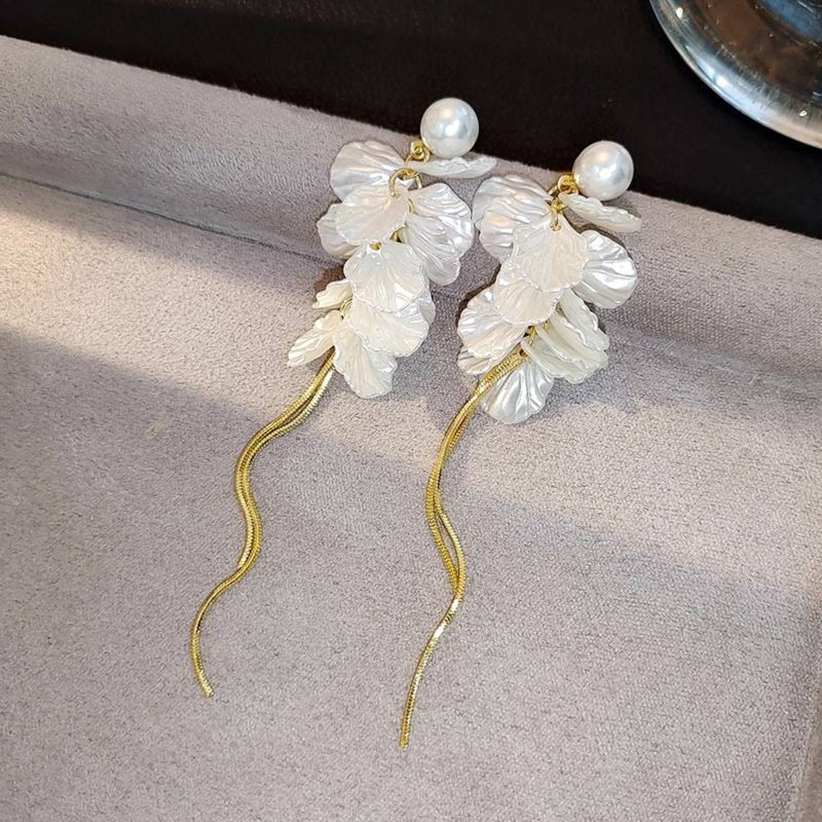Pearl Floral Drop Earrings with Gold Chain – Elegant Bridal & Evening Jewelry