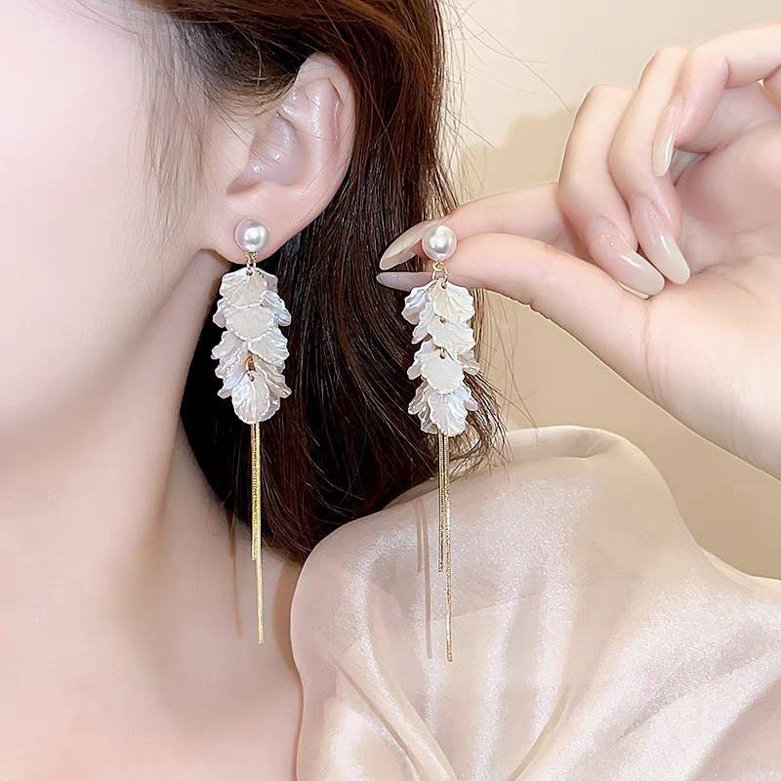Pearl Floral Drop Earrings with Gold Chain – Elegant Bridal & Evening Jewelry