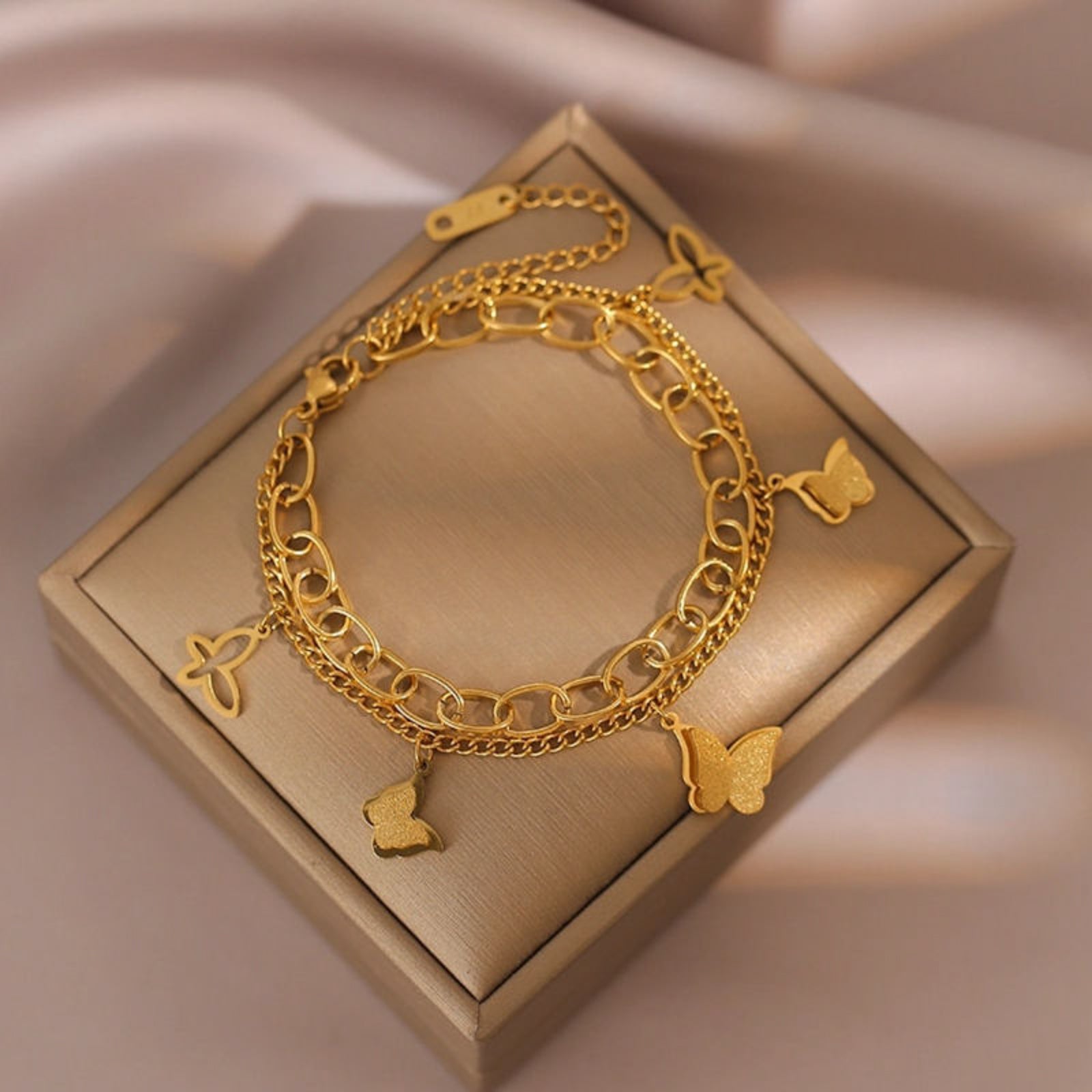 Gold Butterfly Charm Bracelet – Dainty Layered Chain Jewelry for Women