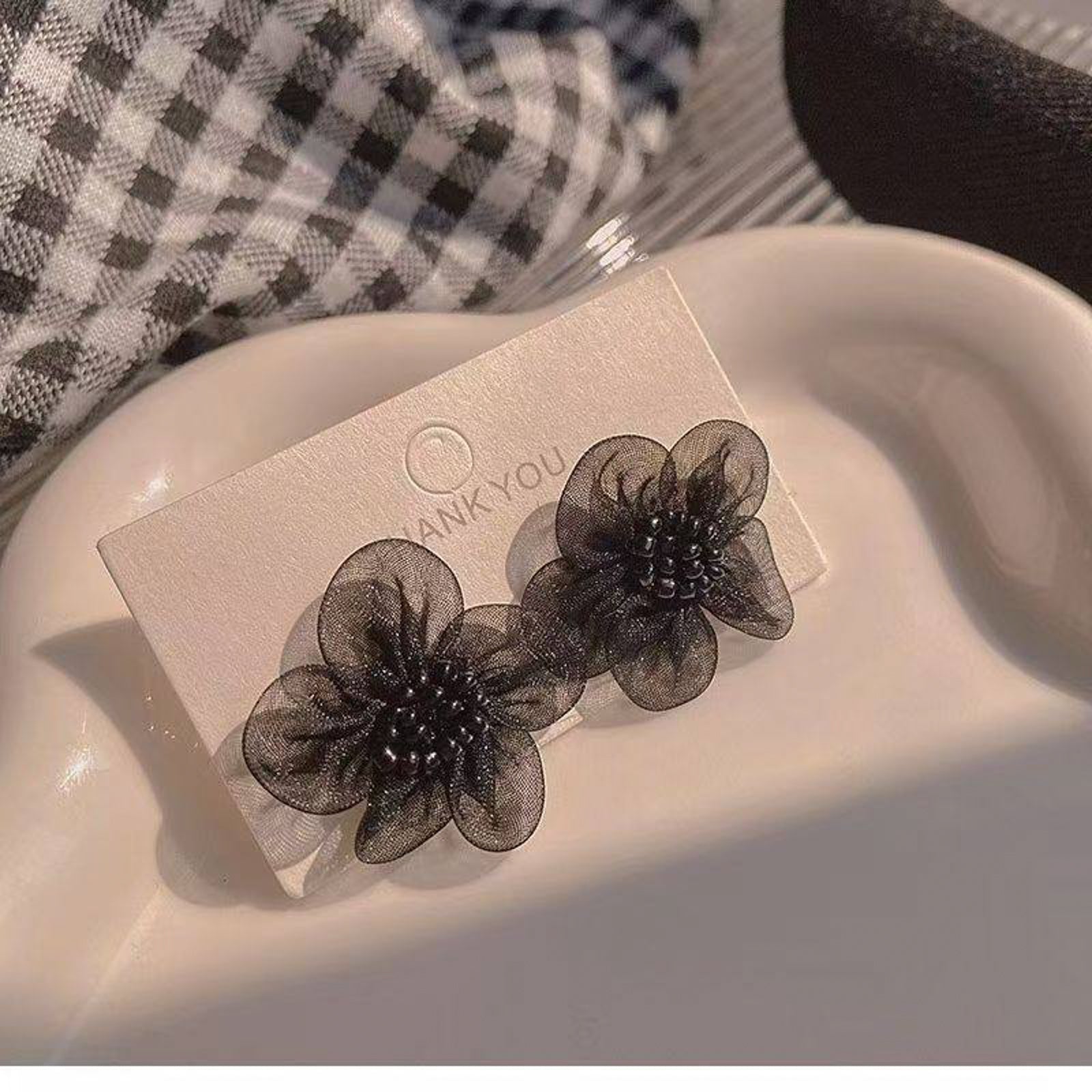 Black Mesh Flower Earrings with Beaded Center – Elegant Korean-Inspired Statement Jewelry