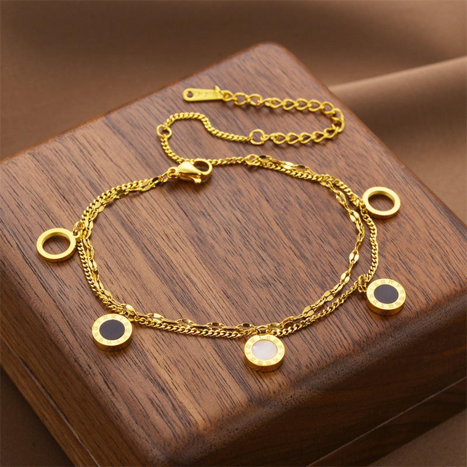 Gold Dual Chain Bracelet with White & Black Inlay Charms – Elegant Adjustable Jewelry for Women