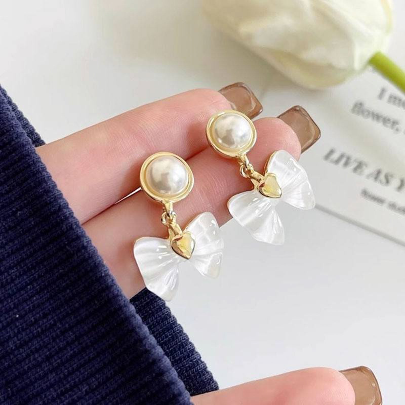 Pearl Heart Bow Drop Earrings – Cute Korean-Inspired Jewelry for Romantic Looks