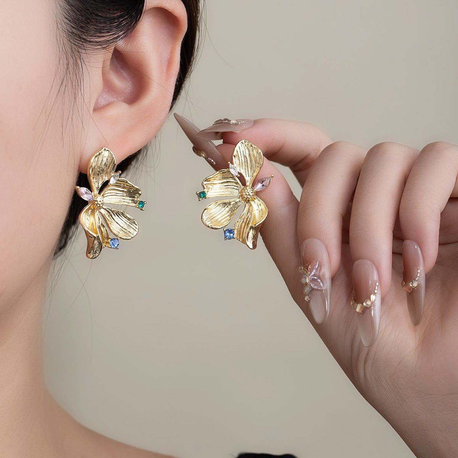 Gold-Plated Floral Orchid Stud Earrings with Multicolor Crystal Accents