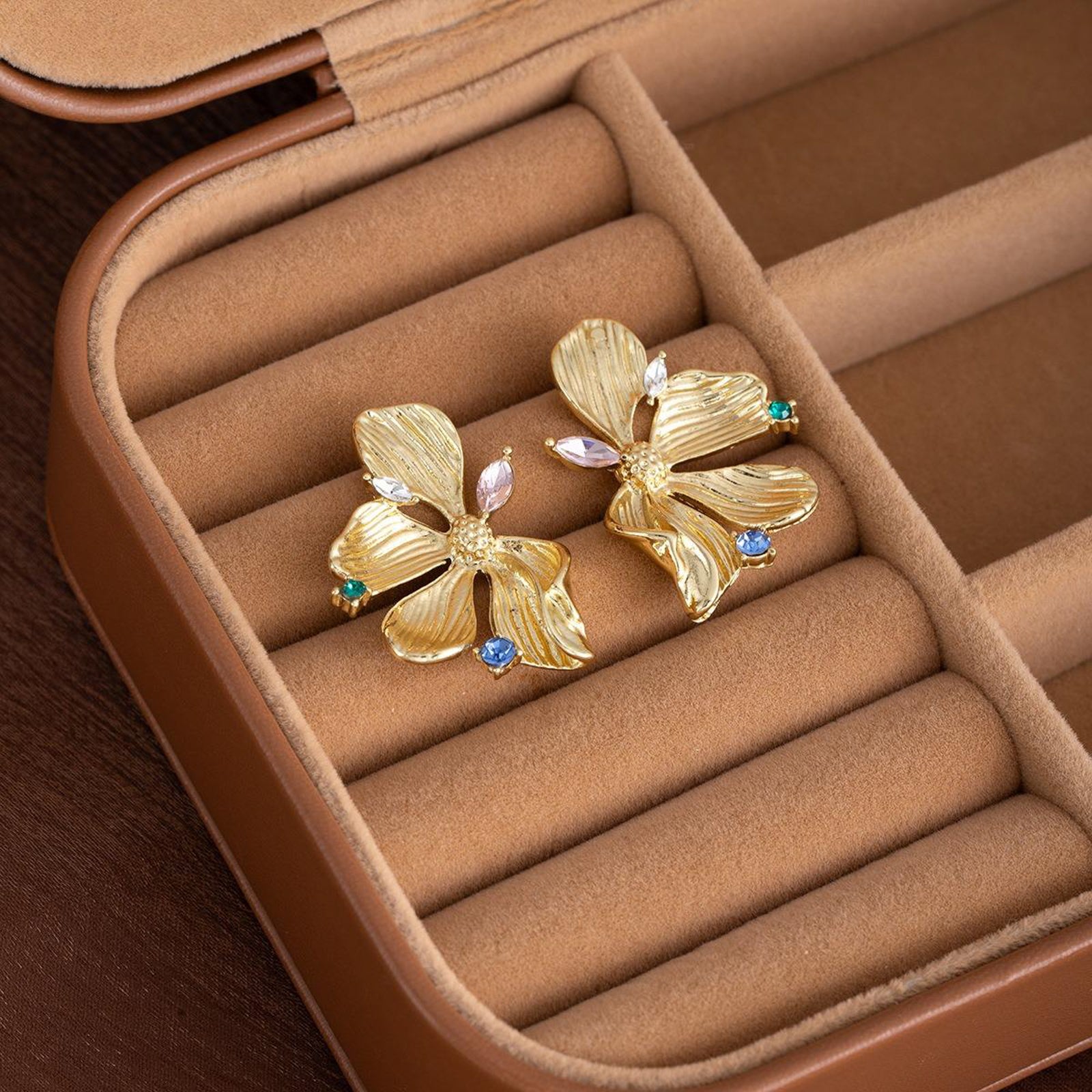 Gold-Plated Floral Orchid Stud Earrings with Multicolor Crystal Accents