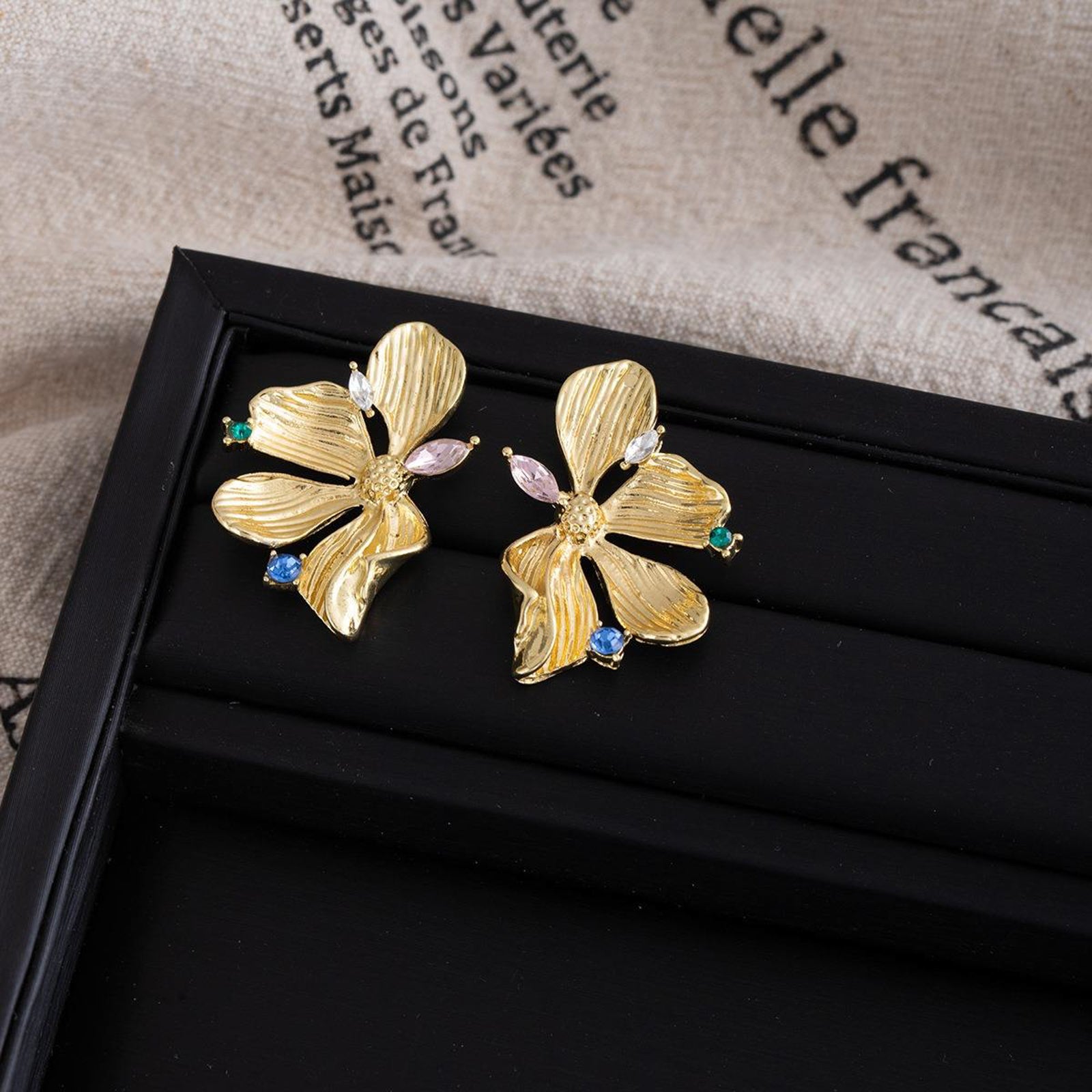 Gold-Plated Floral Orchid Stud Earrings with Multicolor Crystal Accents