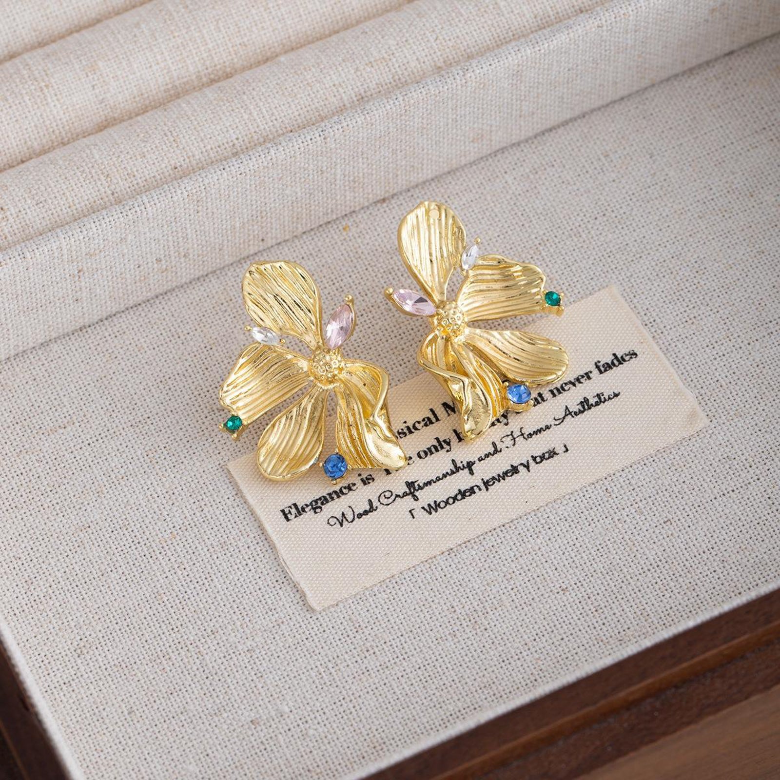 Gold-Plated Floral Orchid Stud Earrings with Multicolor Crystal Accents