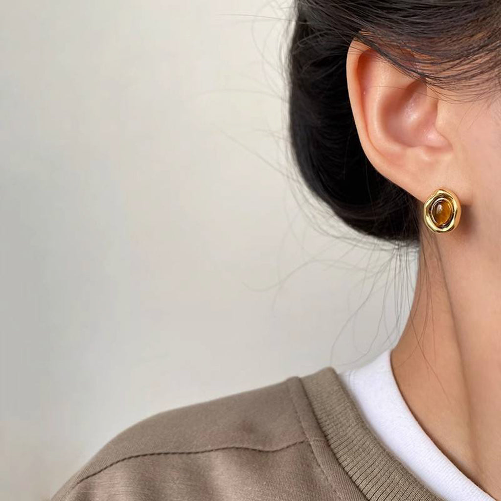 Gold Oval Coffee Bean Earrings with Brown Stone