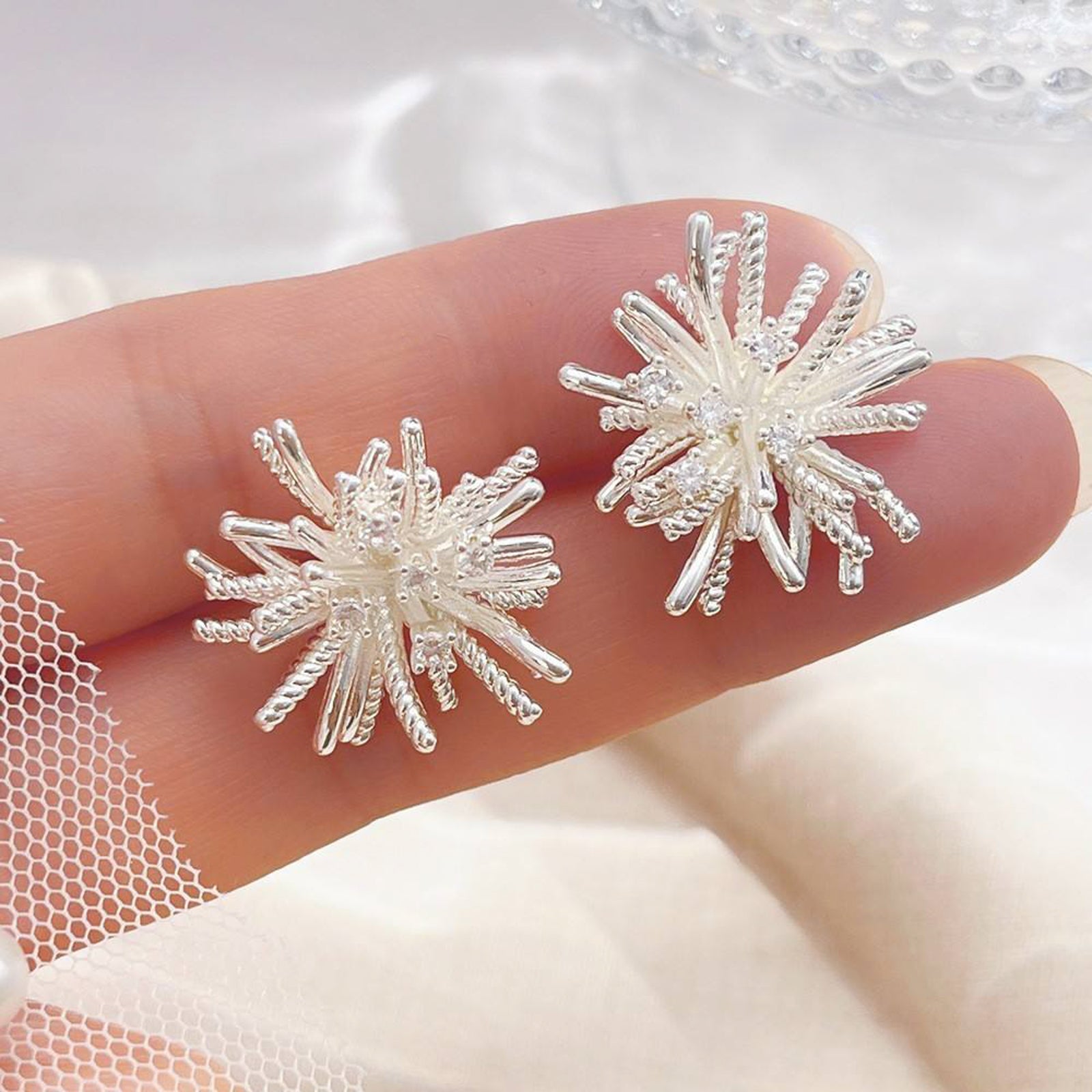 Elegant Silver Starburst Stud Earrings with Sparkling Crystals | Perfect for Bridal & Everyday Wear