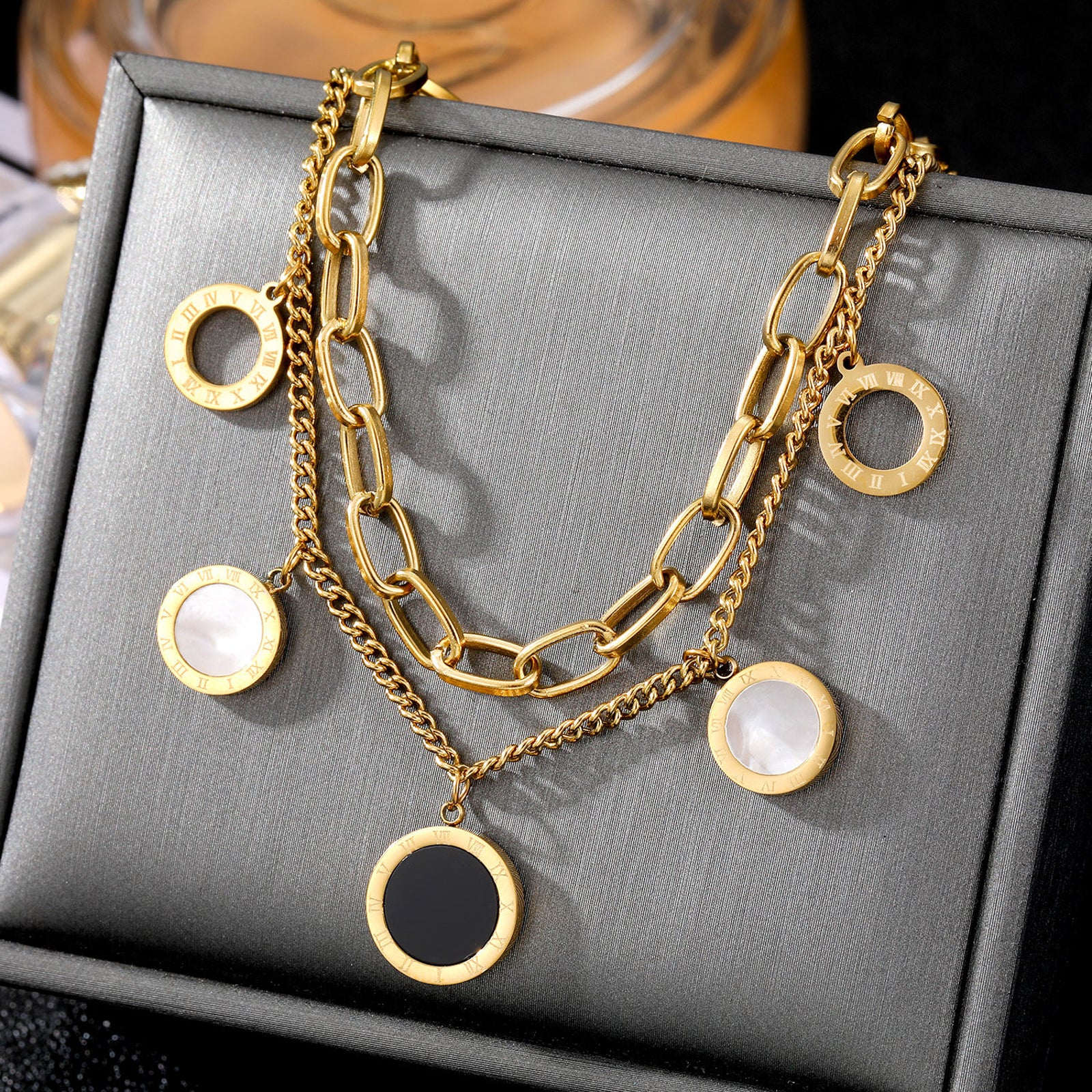 Gold Dual Chain Bracelet with White & Black Inlay Charms – Elegant Adjustable Jewelry for Women