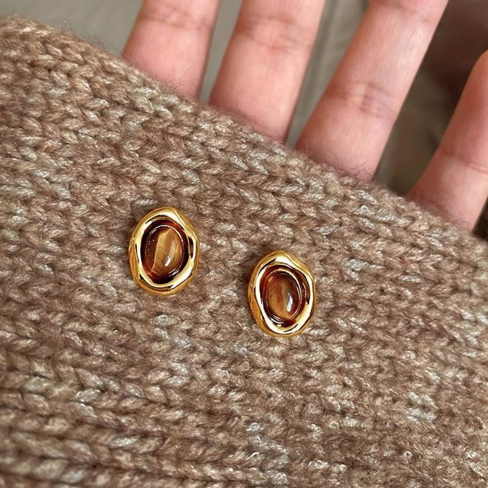 Gold Oval Coffee Bean Earrings with Brown Stone