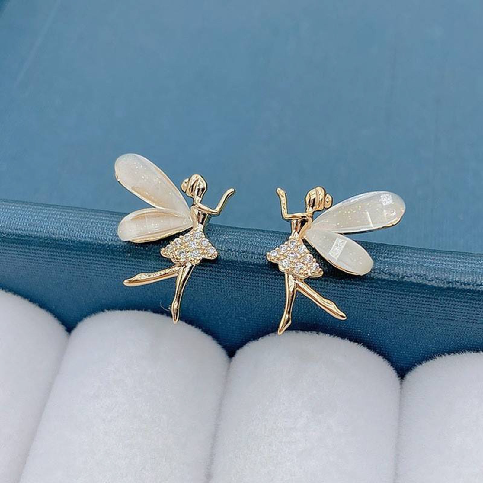 Gold-Plated Whimsical Fairy Stud Earrings with Shimmering Wings & Crystal Dress | Enchanted Forest Inspired Dainty Jewelry for Women & Girls