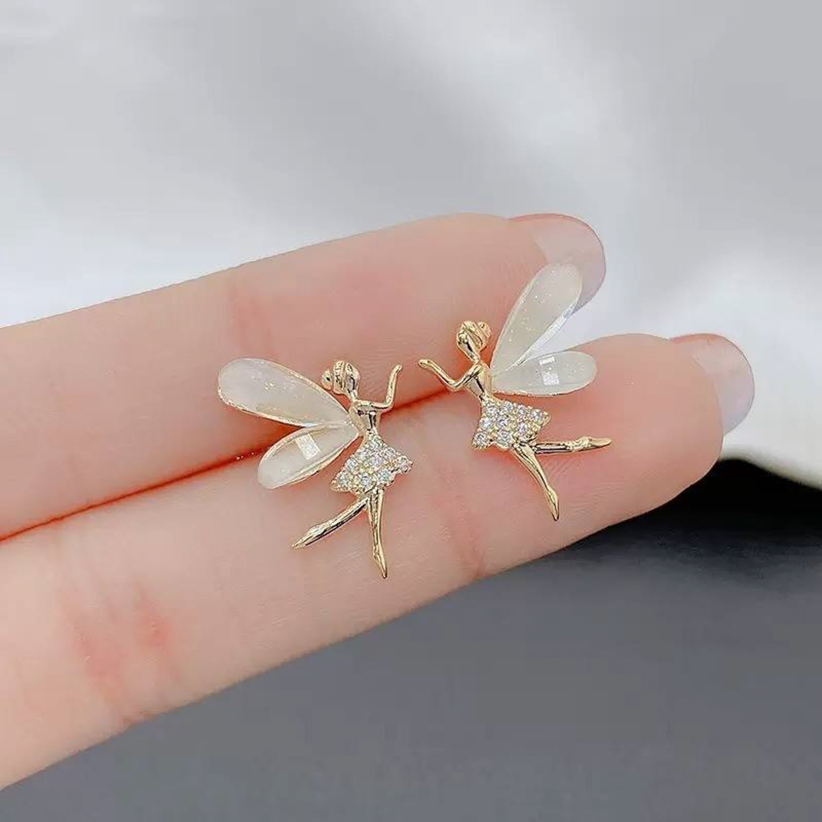Gold-Plated Whimsical Fairy Stud Earrings with Shimmering Wings & Crystal Dress | Enchanted Forest Inspired Dainty Jewelry for Women & Girls