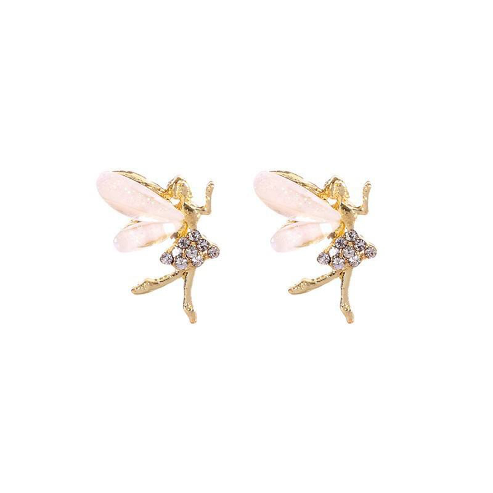 Gold-Plated Whimsical Fairy Stud Earrings with Shimmering Wings & Crystal Dress | Enchanted Forest Inspired Dainty Jewelry for Women & Girls
