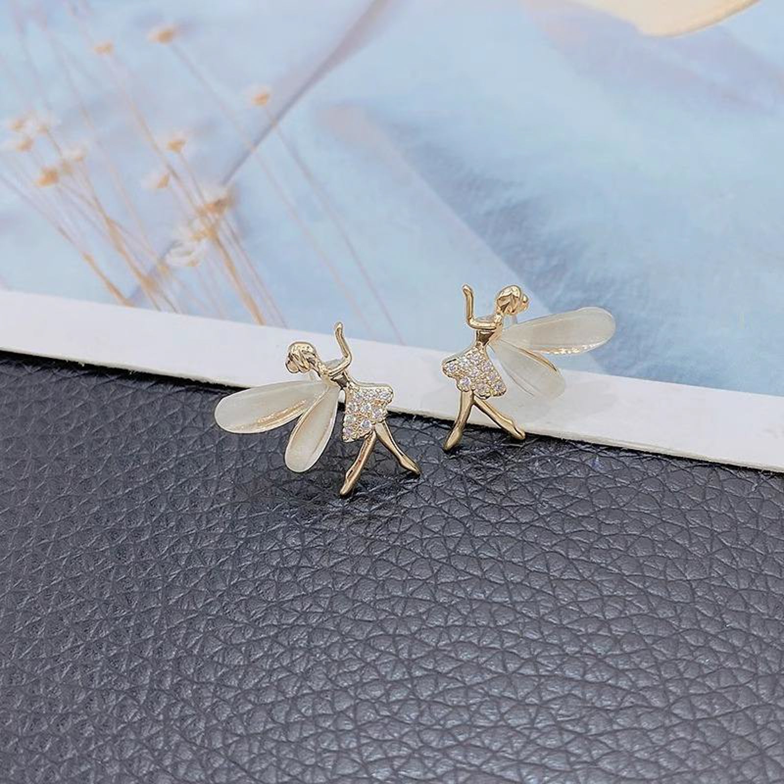 Gold-Plated Whimsical Fairy Stud Earrings with Shimmering Wings & Crystal Dress | Enchanted Forest Inspired Dainty Jewelry for Women & Girls