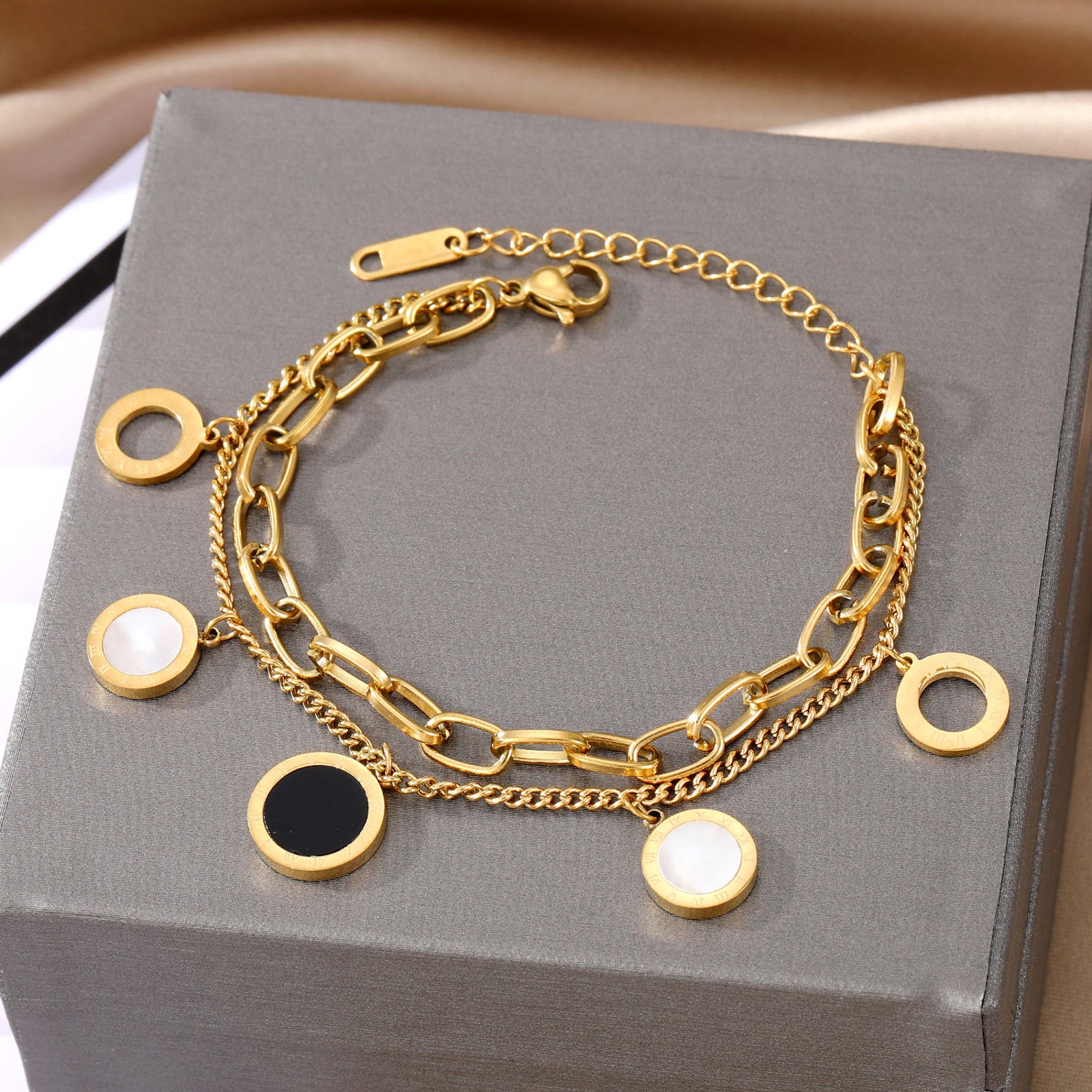 Gold Dual Chain Bracelet with White & Black Inlay Charms – Elegant Adjustable Jewelry for Women