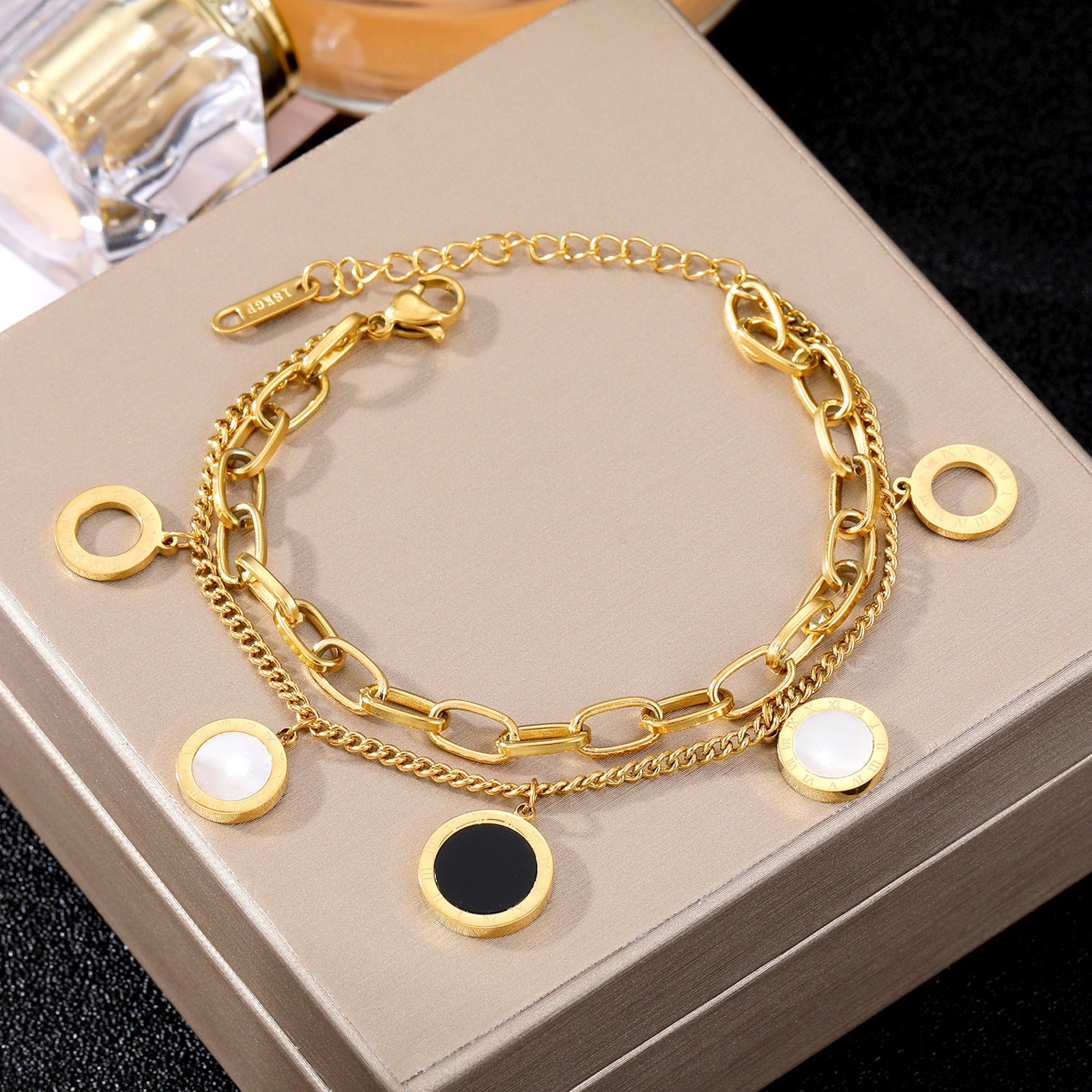 Gold Dual Chain Bracelet with White & Black Inlay Charms – Elegant Adjustable Jewelry for Women