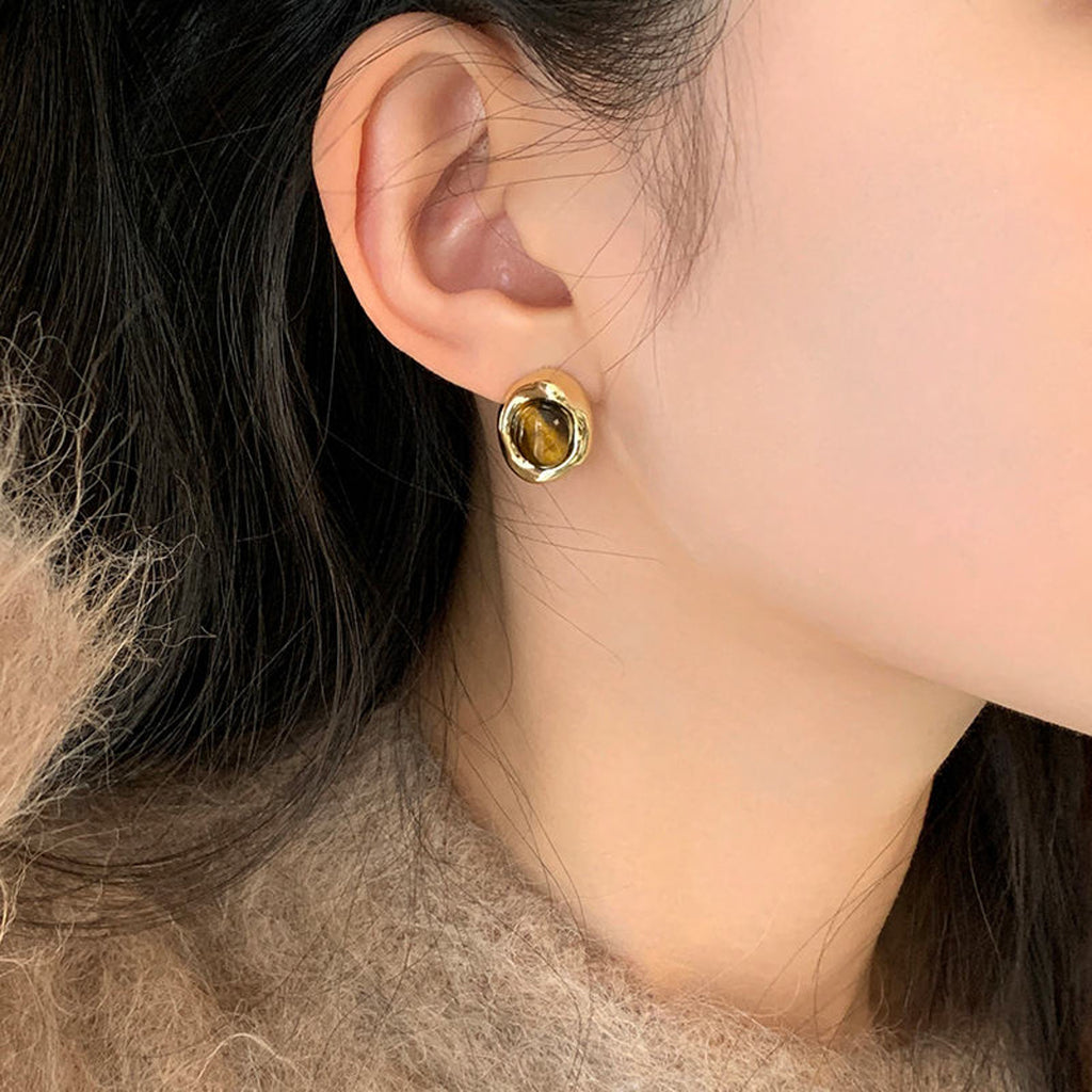 Gold Oval Coffee Bean Earrings with Brown Stone